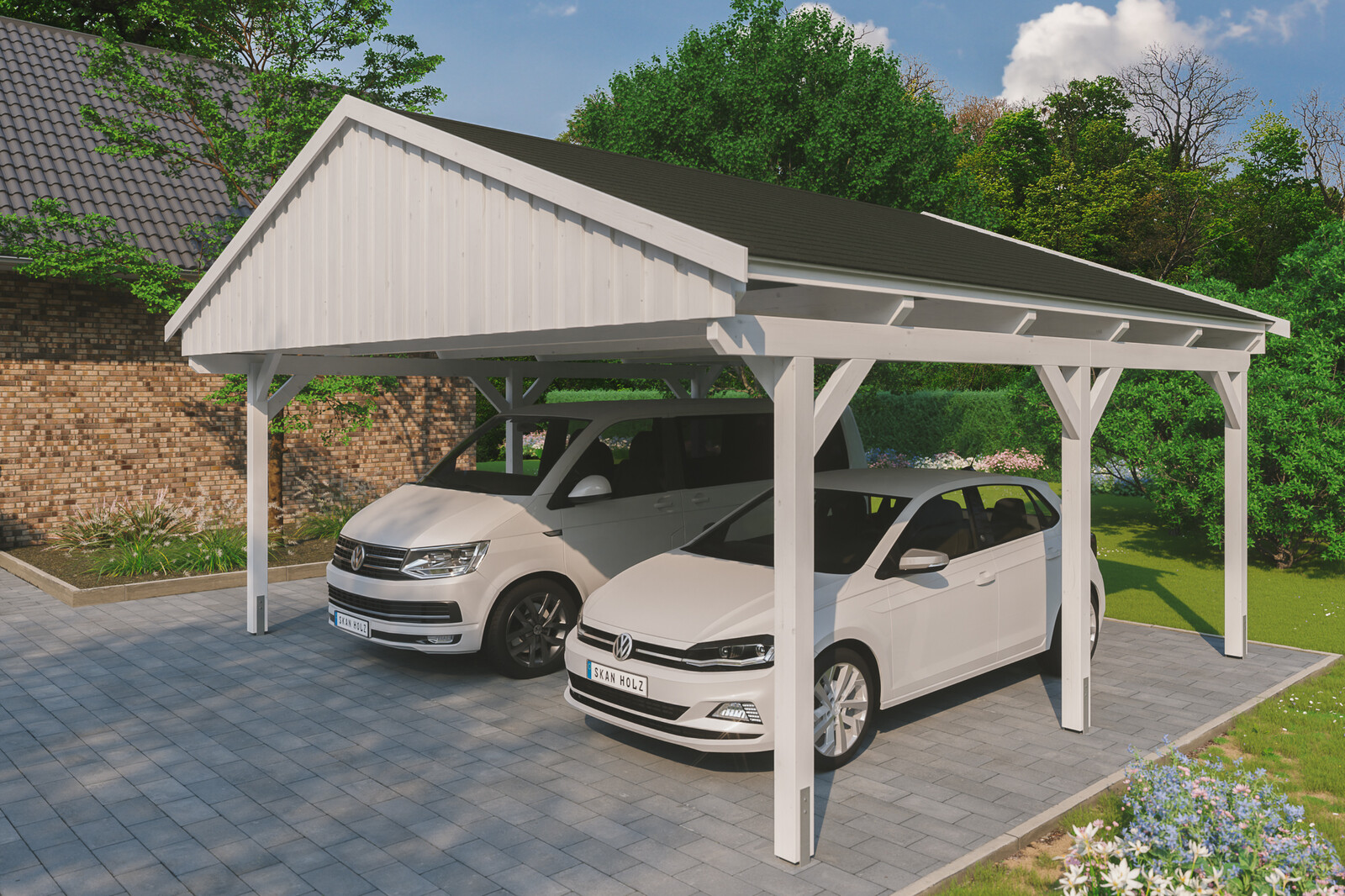 Carport Fichtelberg 618 x 566 cm, schwarze Schindeln, weiß