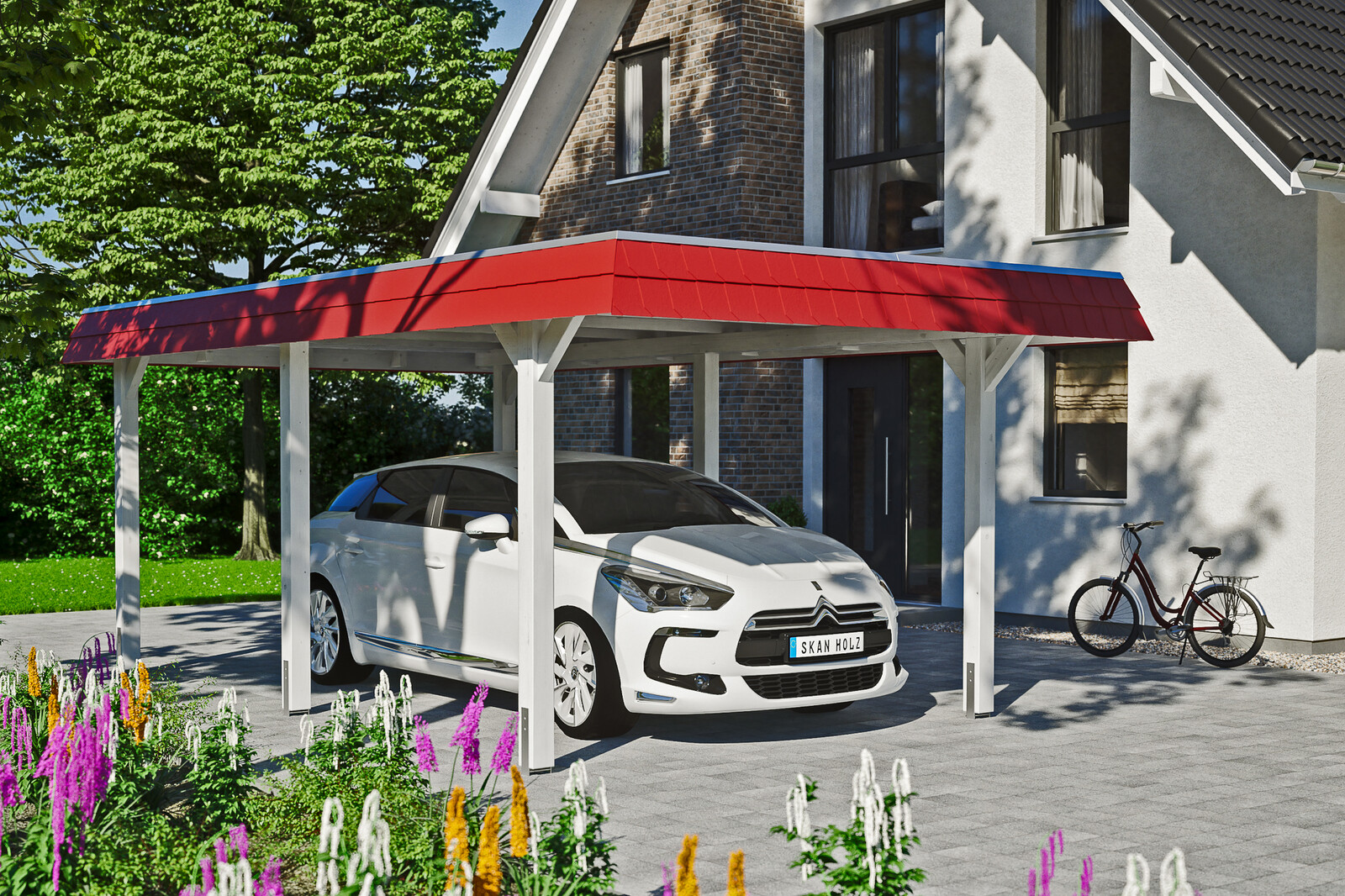 Carport Wendland, rode plaat met leisteenuiterlijk 362 x 628 cm, gelakt in wit, met dakbetimmering en EPDM-folie