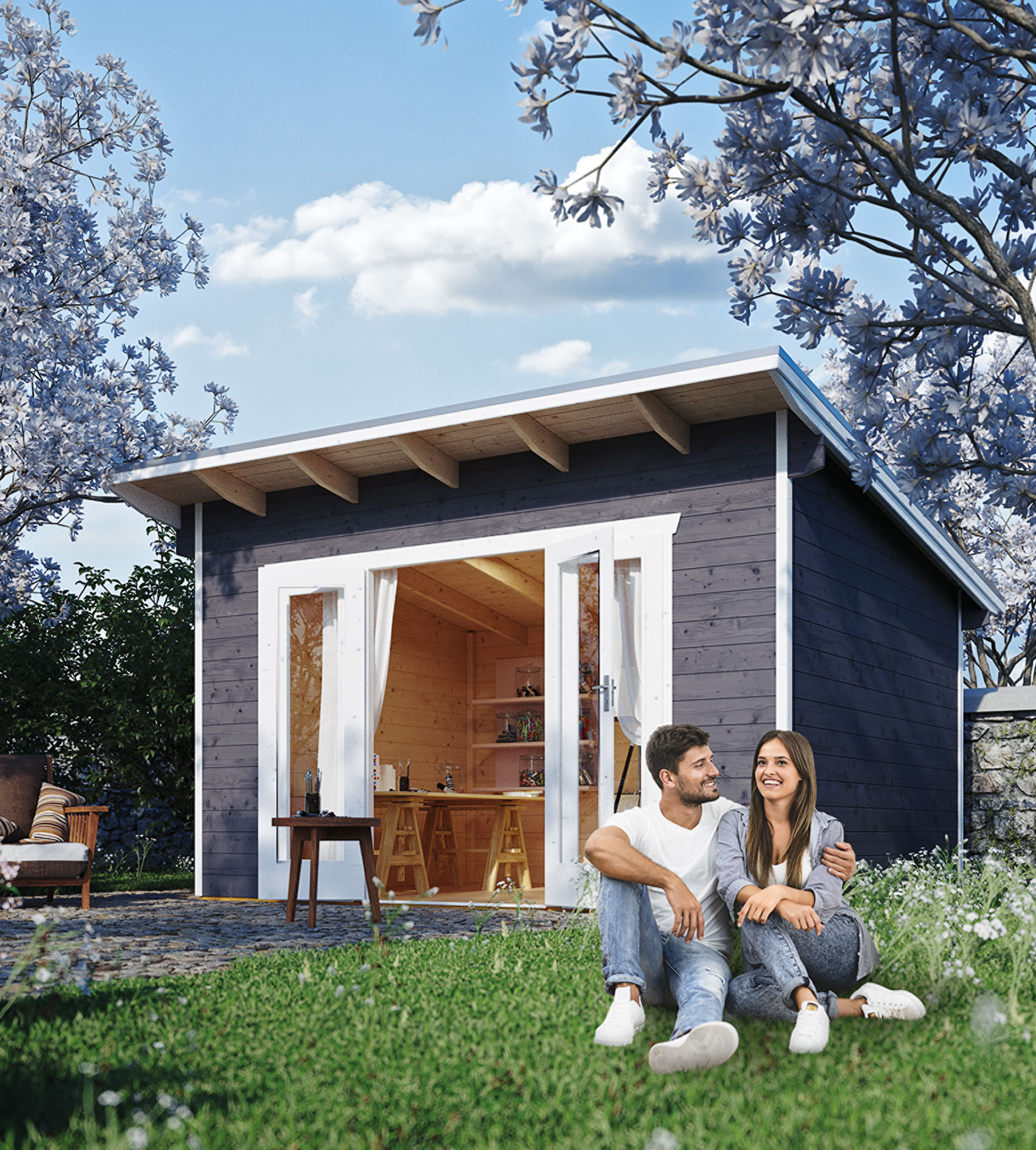 Zwei Personen sitzend vor einem grauen Gartenhaus mit Pultdach (Mit KI generiert)