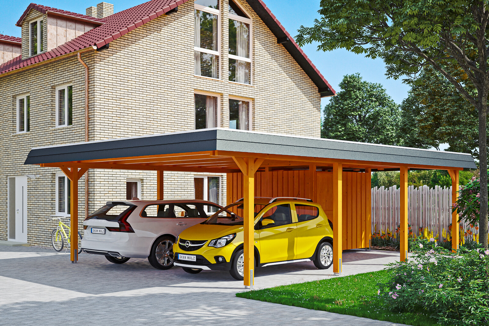 Carport Wendland with storage room 630 x 879 cm with EPDM roof, black fascia, colour pre-treated light oak