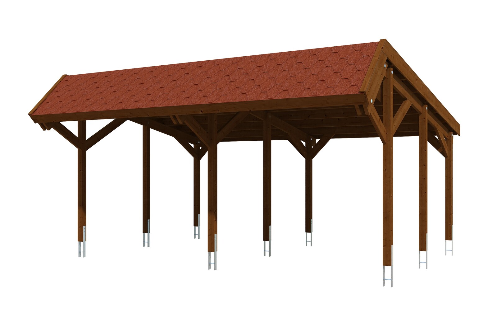 Carport Harz 624 x 560 cm mit roten Schindeln, nussbaum