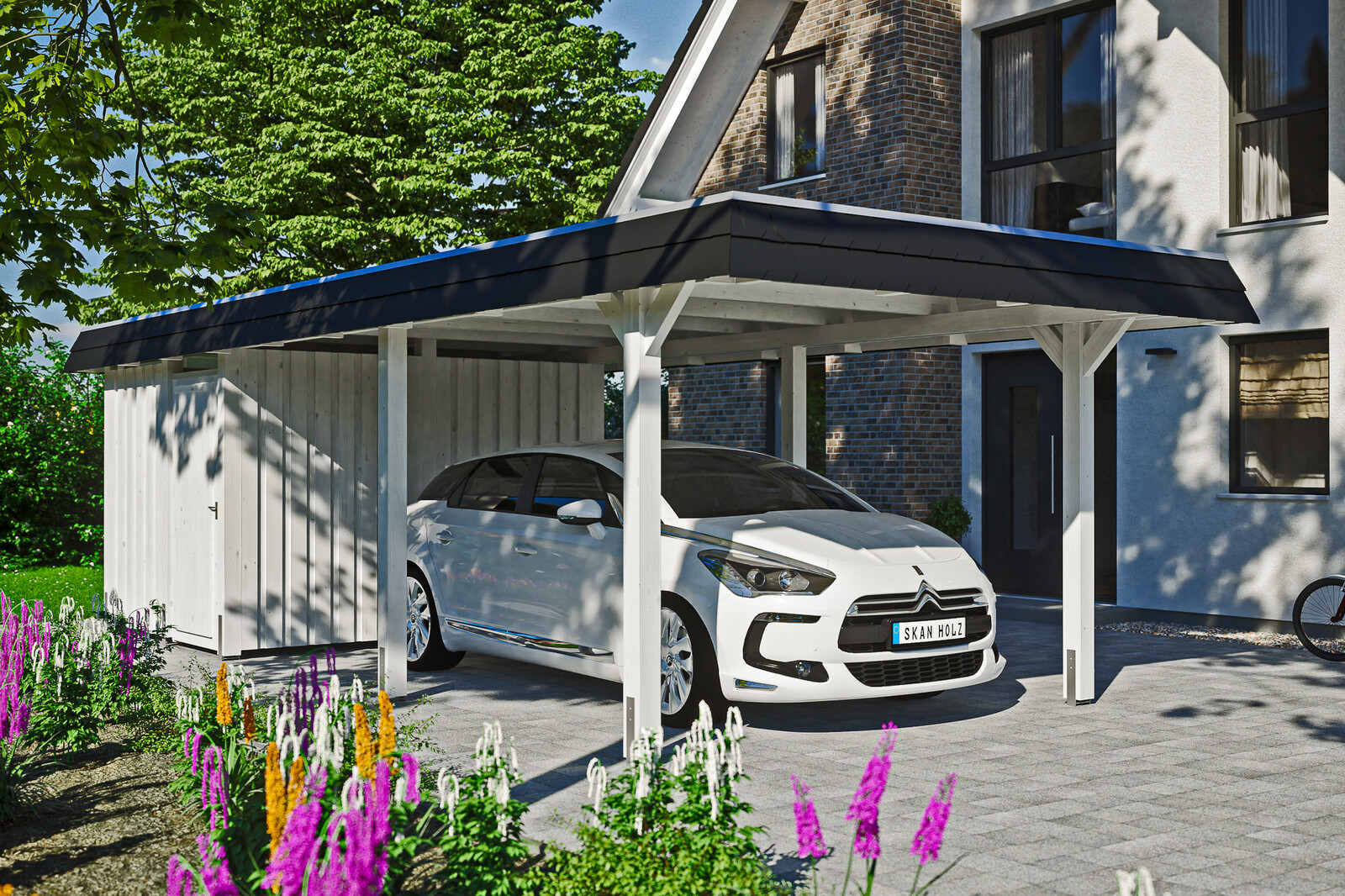 Carport Wendland, zwarte plaat met leisteenuiterlijk 362 x 870 cm, met bergruimte, gelakt in wit, met dakbetimmering en EPDM-folie