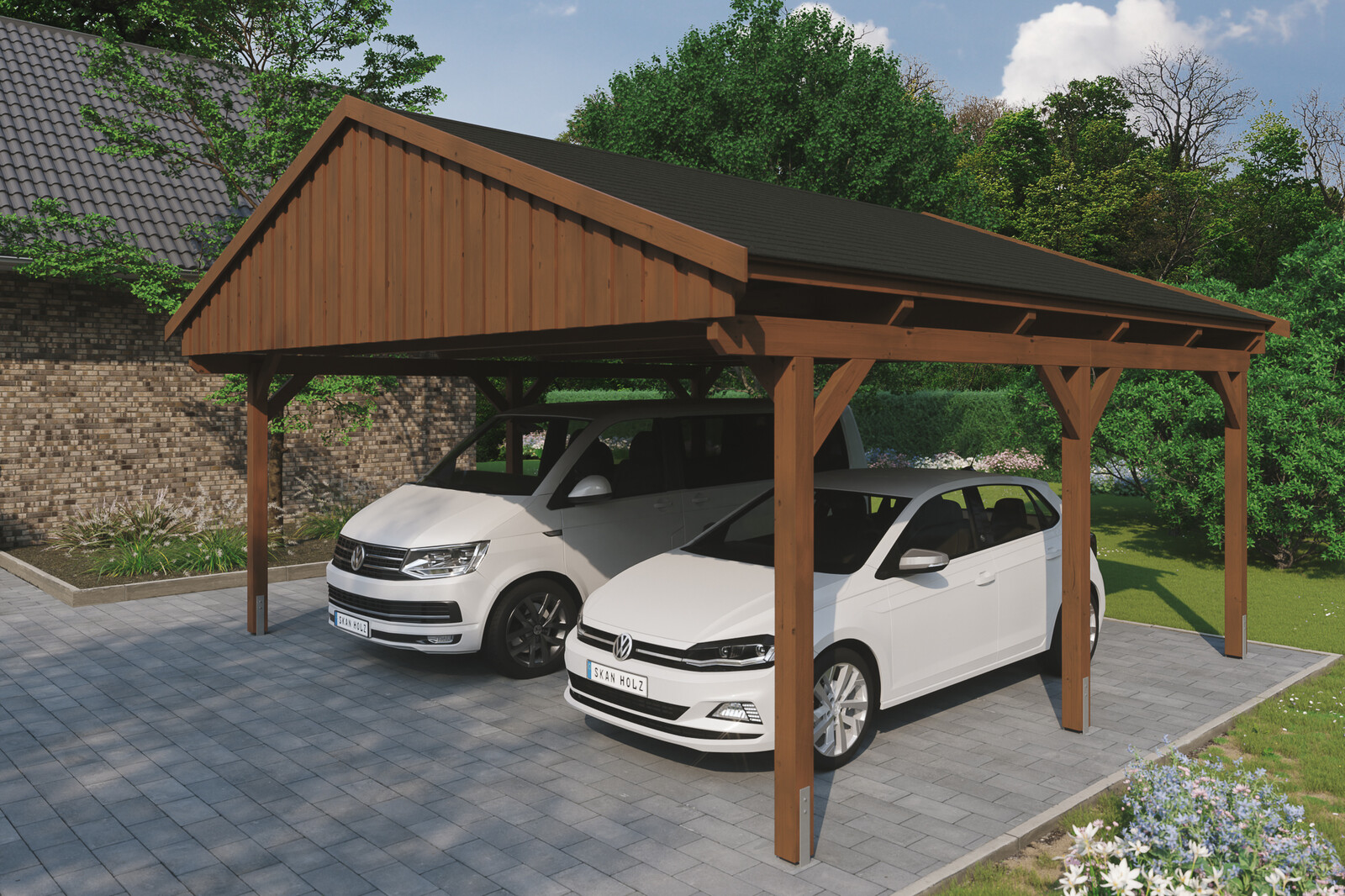 Carport Fichtelberg 618 x 566 cm, schwarze Schindeln, nussbaum