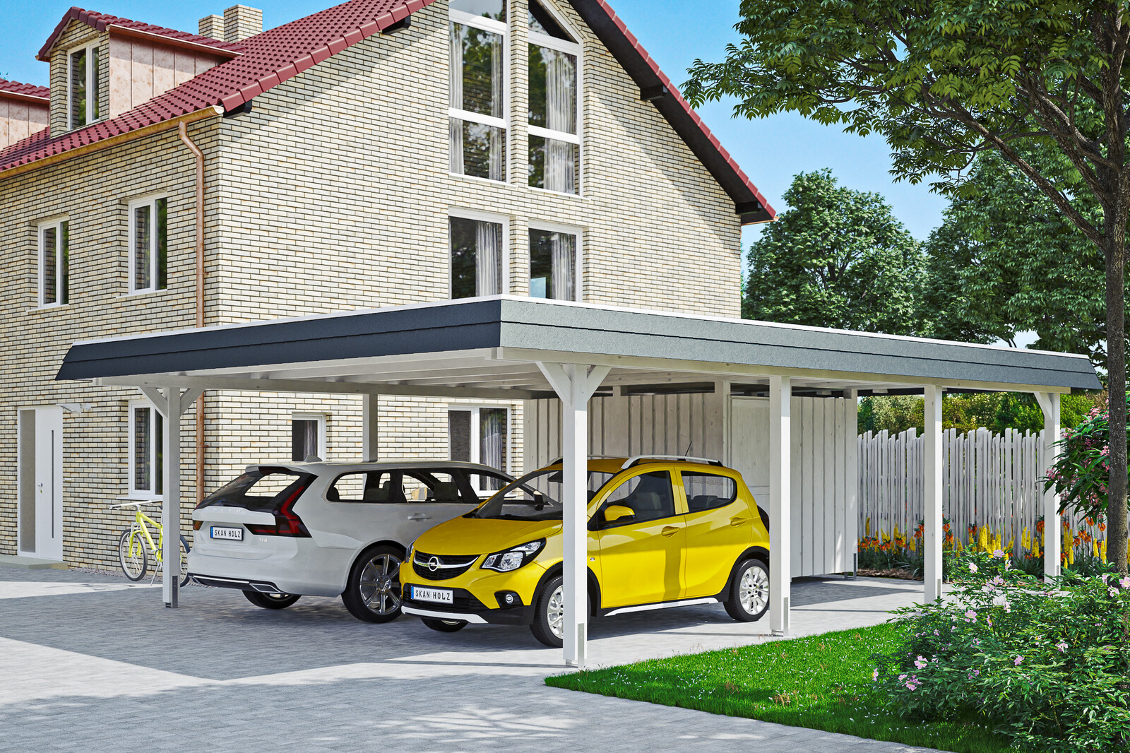 Carport Wendland with storage room 630 x 879 cm with aluminium roof, black fascia, colour pre-treated white
