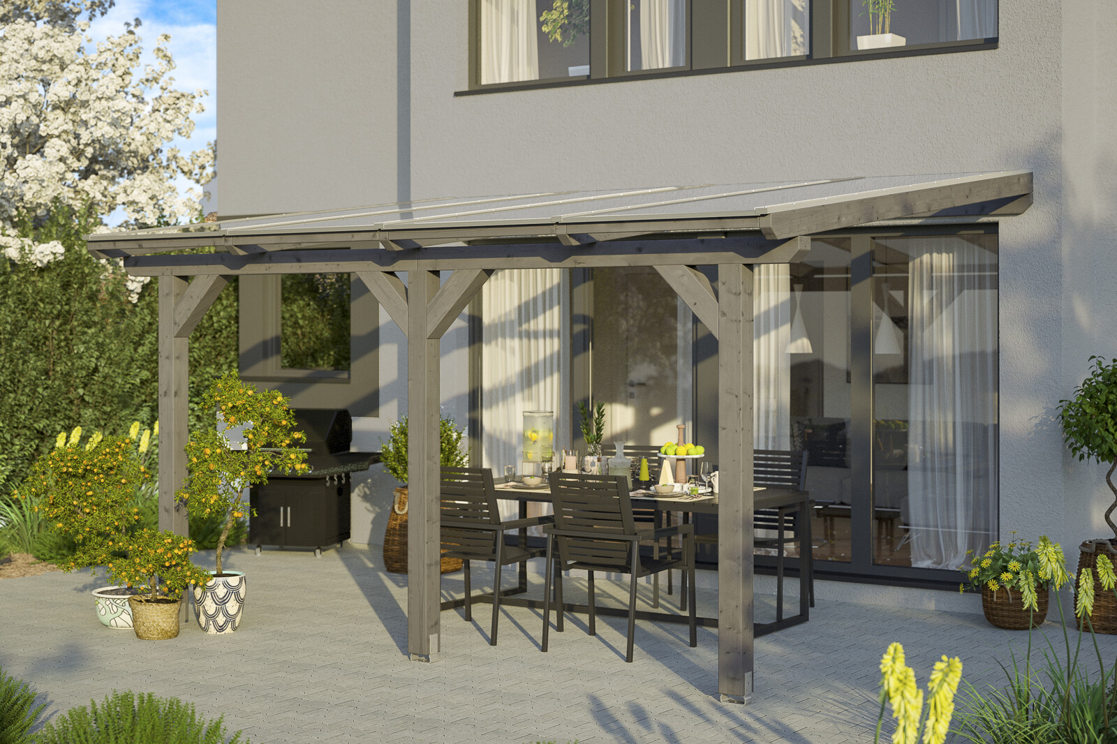 Terrassenüberdachung Bormio 434 x 400 cm, Leimholz, schiefergrau