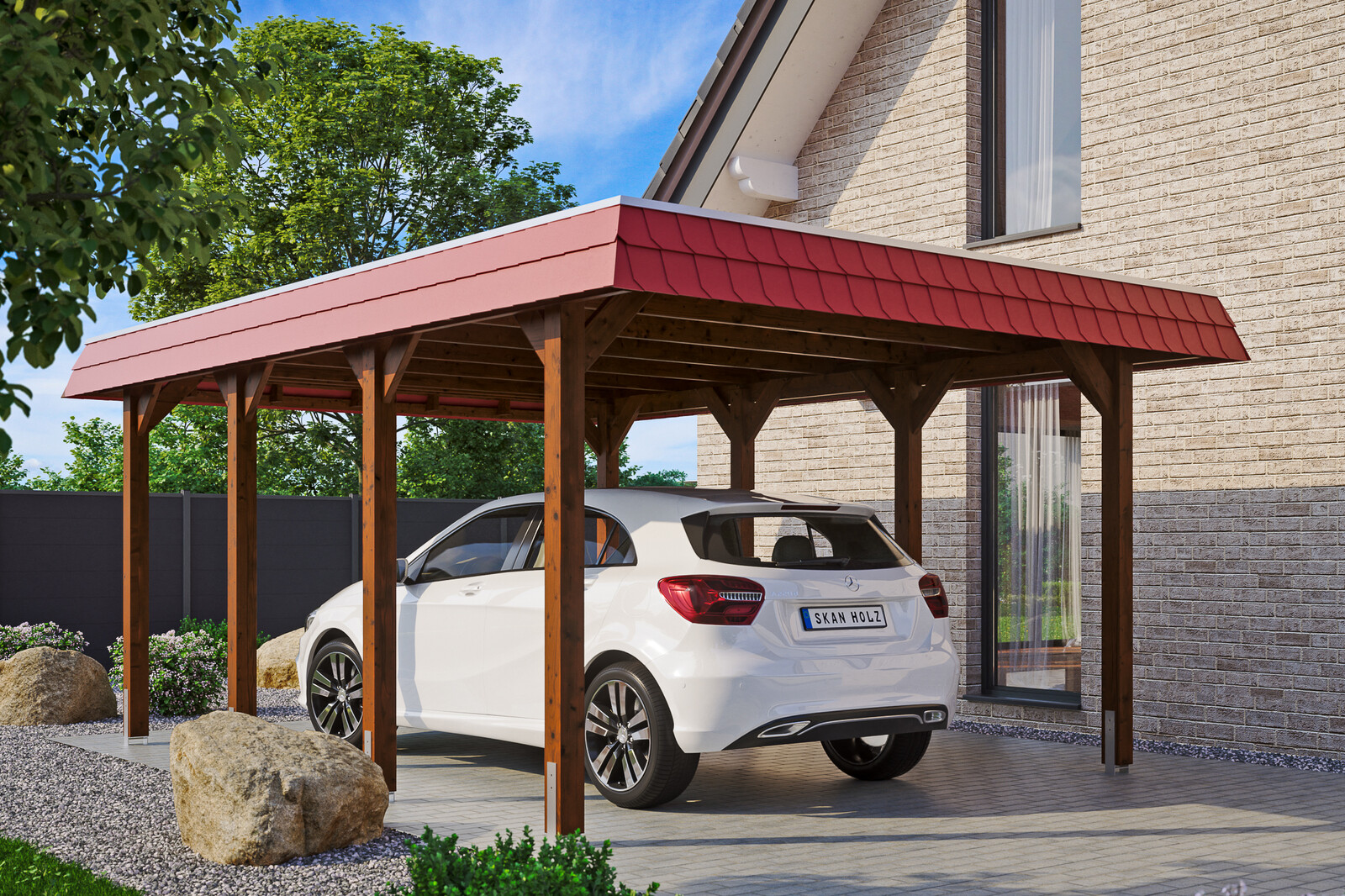 Carport Spreewald, rode plaat met leisteenuiterlijk 396 x 589 cm, gelakt in noten, met dakbetimmering en EPDM-folie