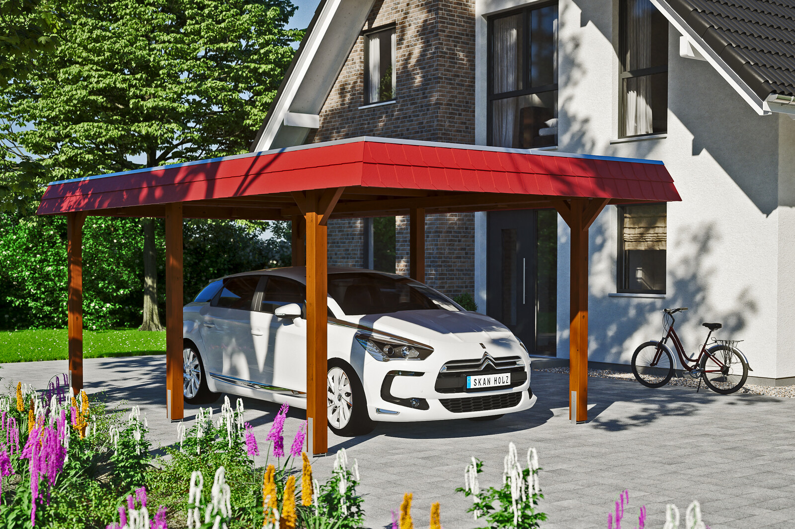 Carport Wendland, rode plaat met leisteenuiterlijk 362 x 628 cm, gelakt in noten, met dakbetimmering en EPDM-folie