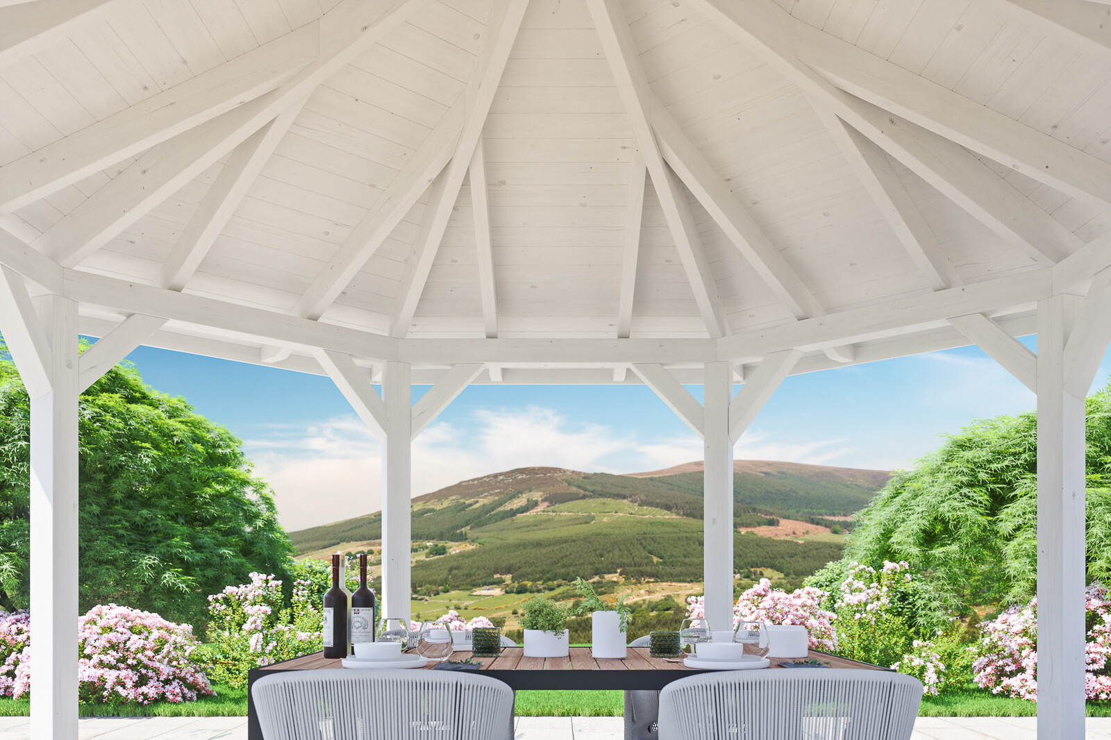 6hranný altán NANCY 2, Ø 420 cm, barevně ošetřeno v bílé barvě