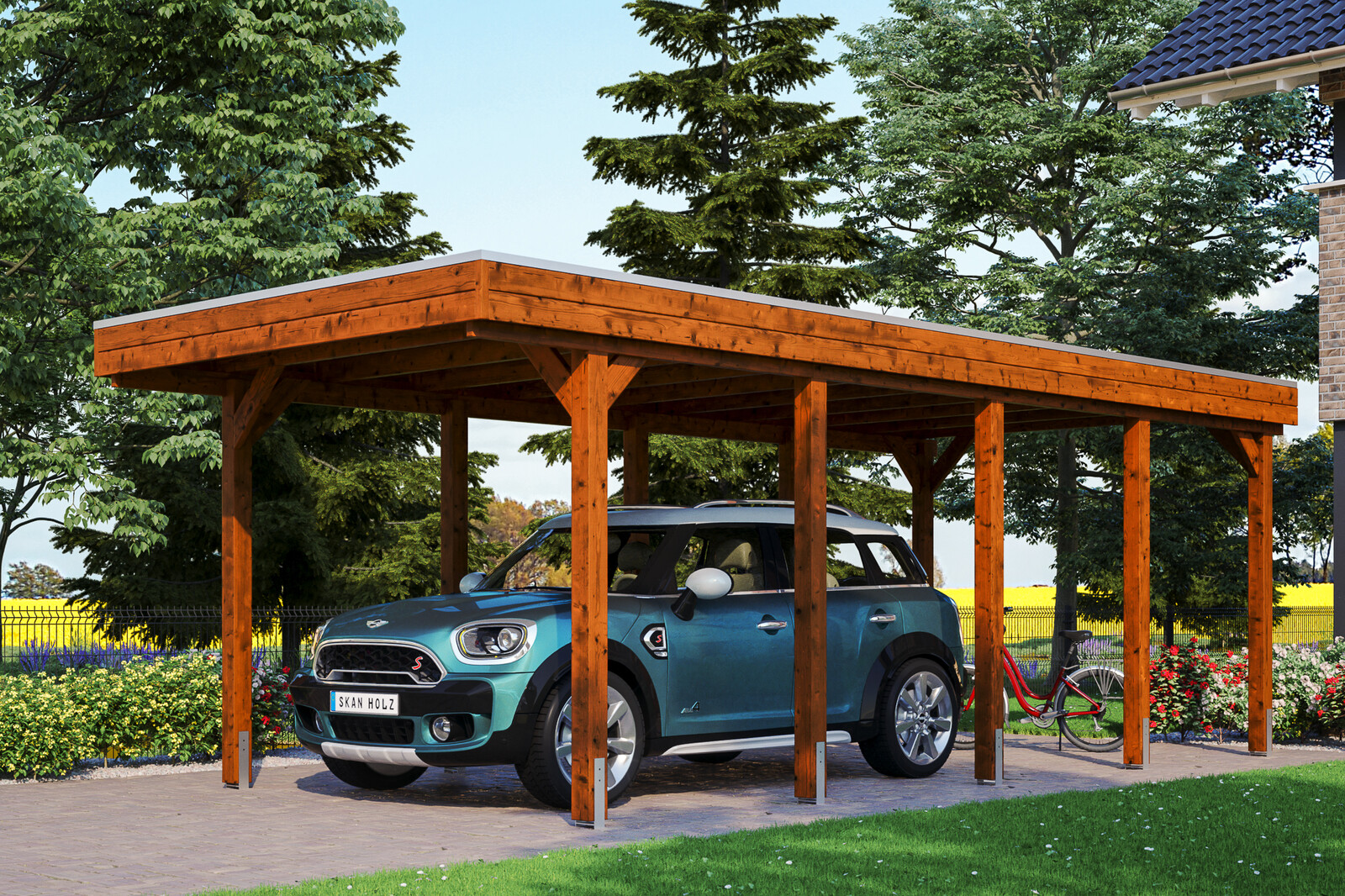 Carport Friesland 314 x 708 cm mit EPDM-Dach, nussbaum