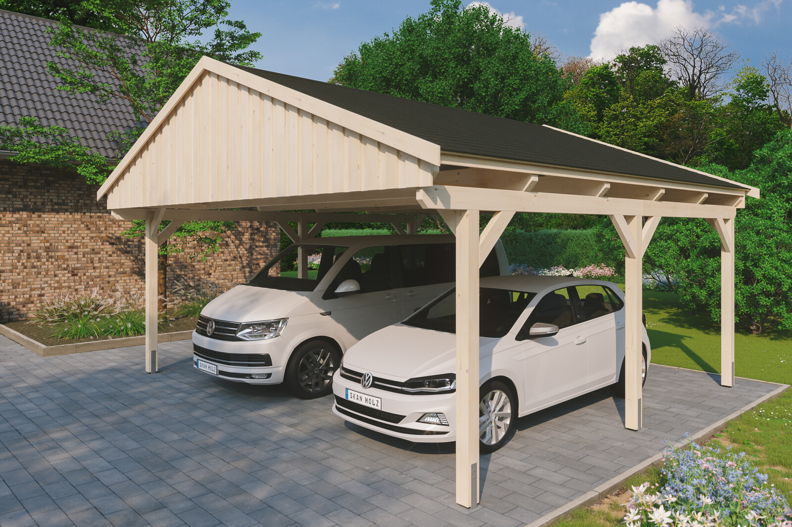 Carport Fichtelberg 618 x 566 cm, schwarze Schindeln, natur