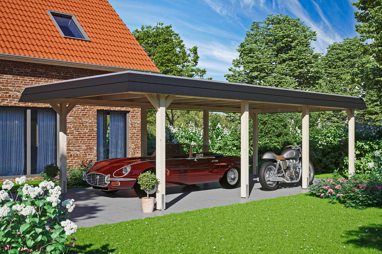 Carport Wendland, zwarte plaat met leisteenuiterlijk 409 x 870 cm, onbehandeld, met dakbetimmering en EPDM-folie