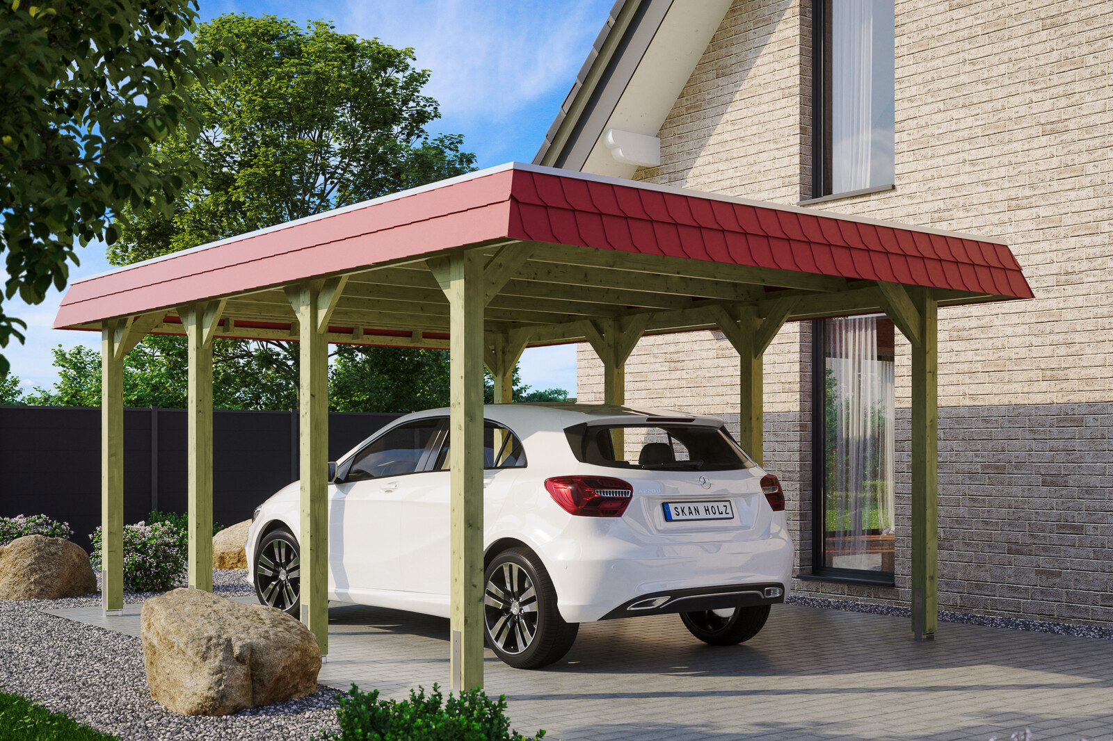 Carport Spreewald 396 x 589 cm mit Aluminiumdach, rote Blende