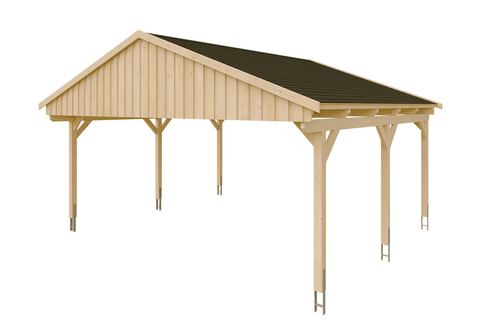 Carport Fichtelberg 618 x 566 cm, schwarze Schindeln, natur