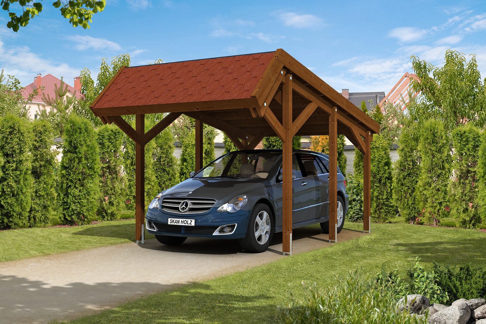 Carport Harz 321 x 560 cm mit roten Schindeln, nussbaum