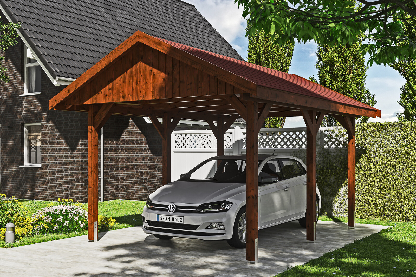 Přístřešek na auto WALLGAU 380 x 500 cm, ořech, červená šindele