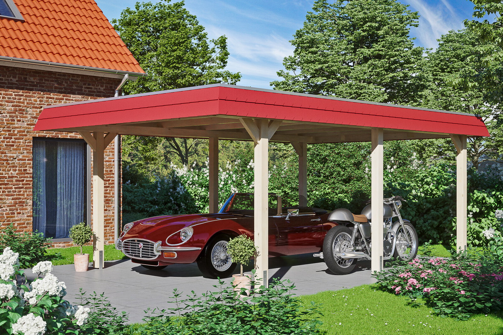 Carport Wendland, rode plaat met leisteenuiterlijk 409 x 628 cm, onbehandeld, met dakbetimmering en EPDM-folie