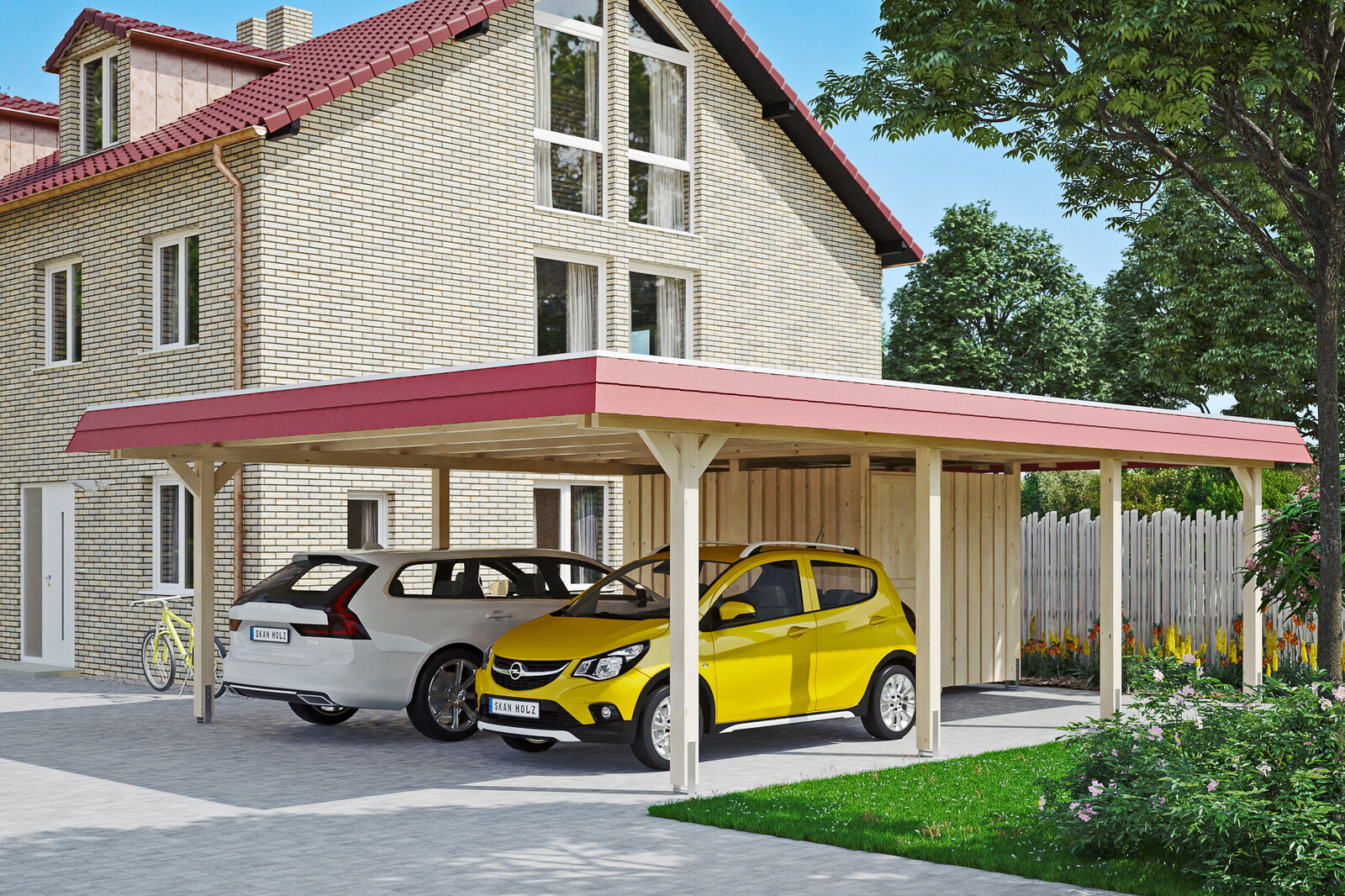 Doppelcarport Wendland mit Abstellraum, rote Blende