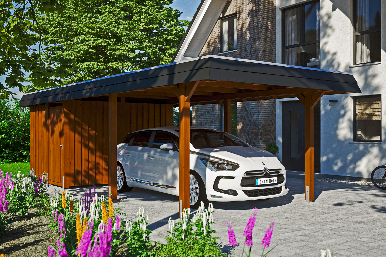 Carport Wendland, zwarte plaat met leisteenuiterlijk 362 x 870 cm, met bergruimte, gelakt in noten, met dakbetimmering en EPDM-folie