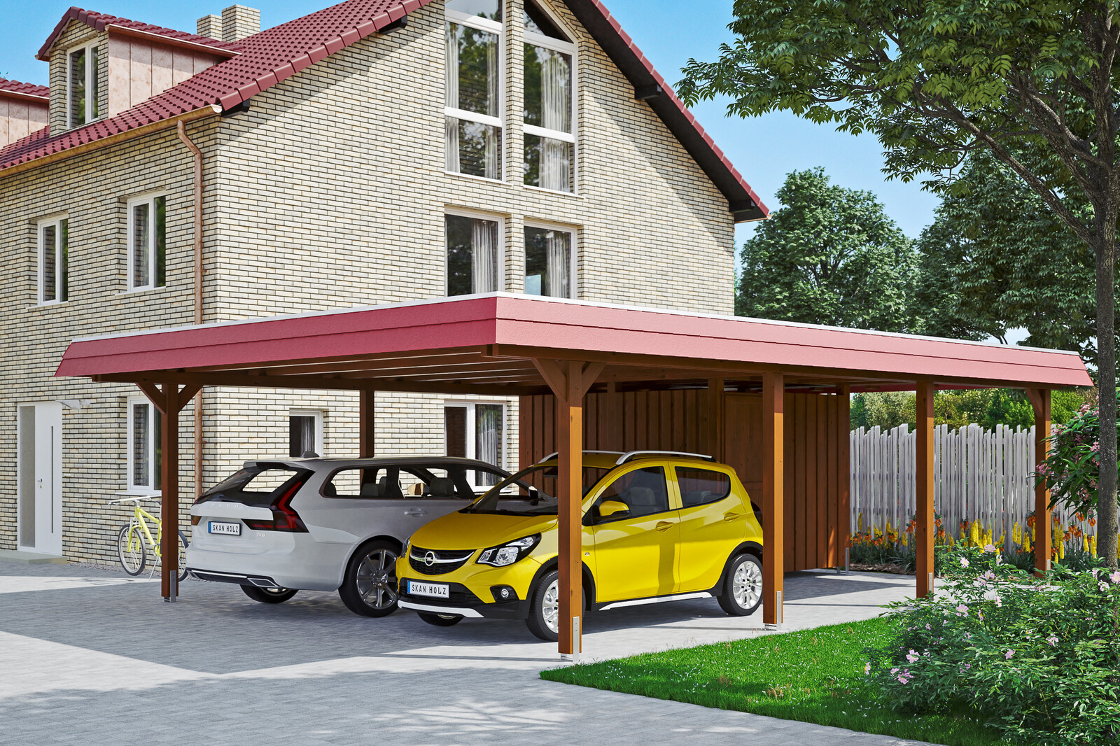 Carport Wendland, rode plaat met leisteenuiterlijk 630 x 879 cm, met bergruimte, gelakt in noten, met Aluminium dakplaten