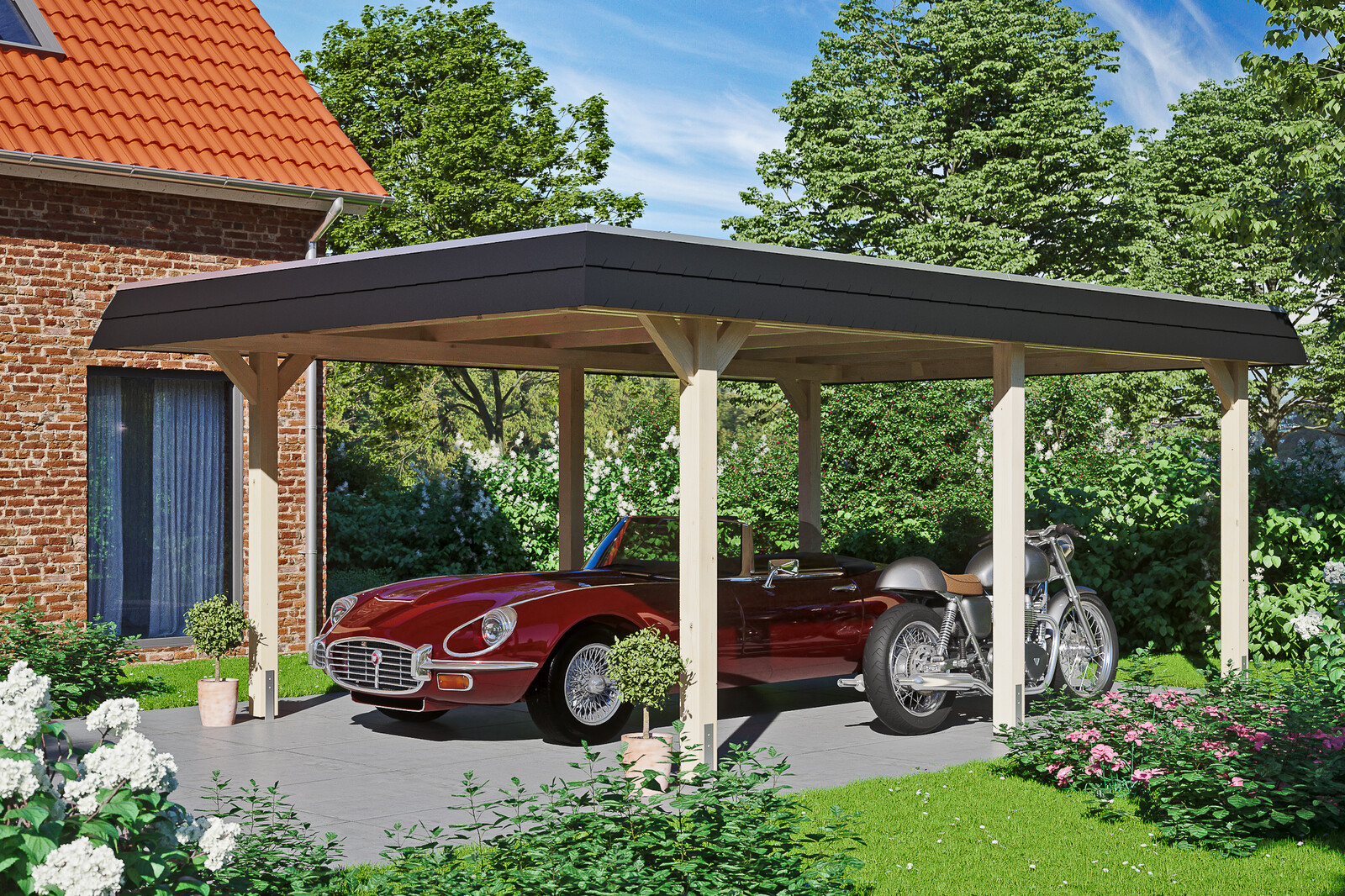 Carport Wendland, zwarte plaat met leisteenuiterlijk 409 x 628 cm, onbehandeld, met dakbetimmering en EPDM-folie