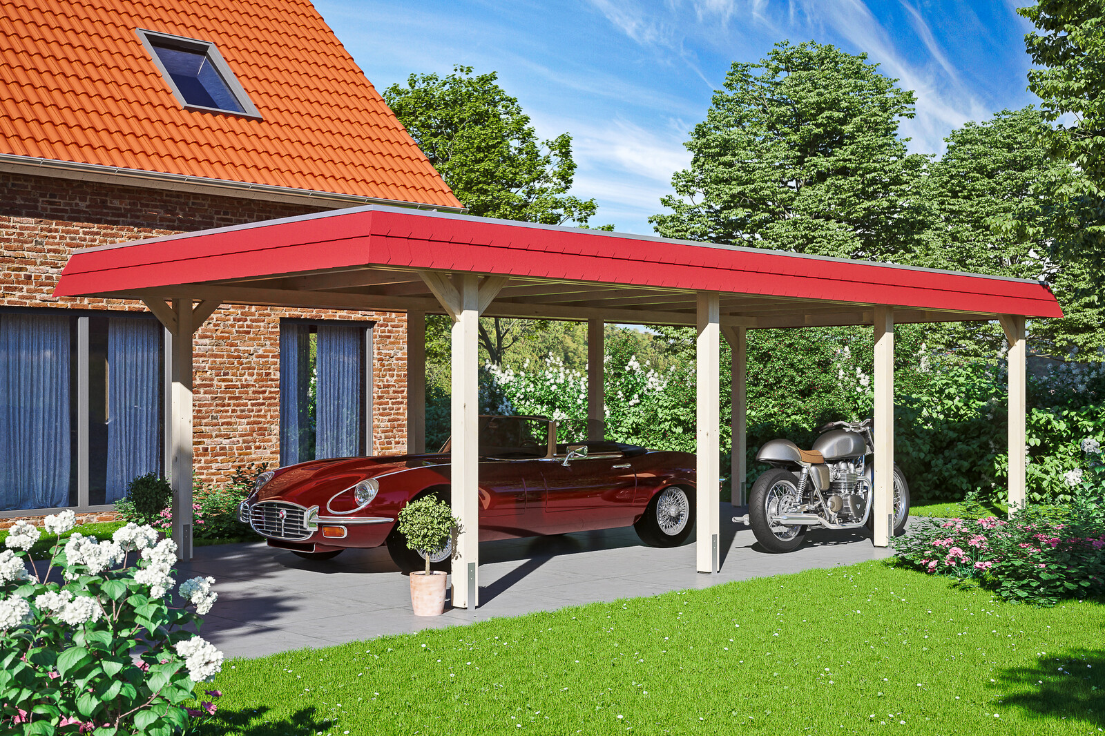 Carport Wendland, rode plaat met leisteenuiterlijk 409 x 870 cm, onbehandeld, met dakbetimmering en EPDM-folie