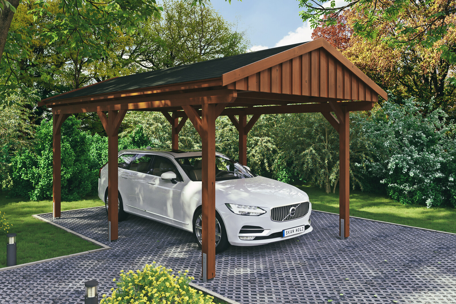Carport Fichtelberg 317 x 566 cm, schwarze Schindeln, nussbaum