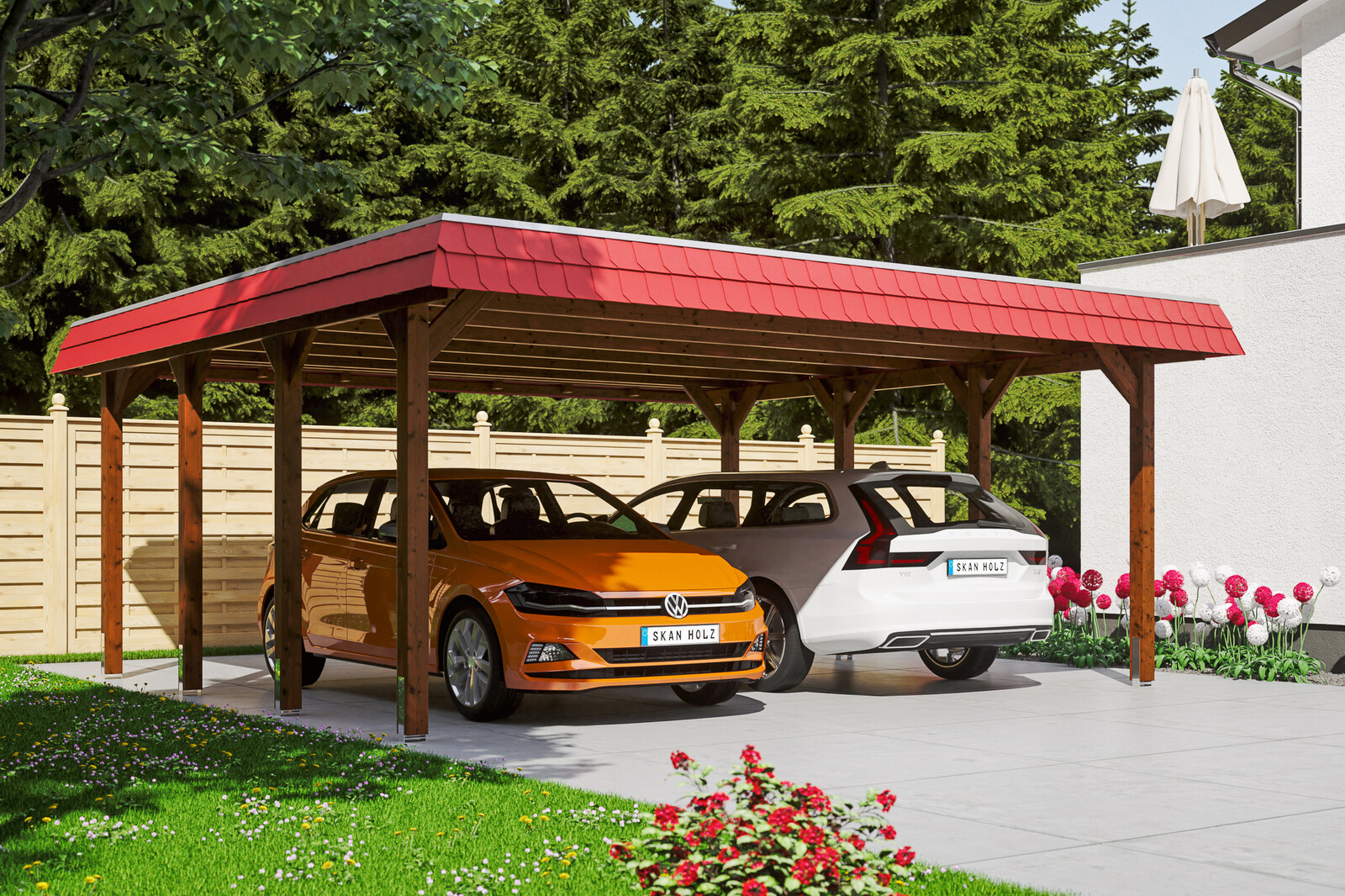 Carport Spreewald 585 x 589 cm mit EPDM-Dach, rote Blende, nussbaum
