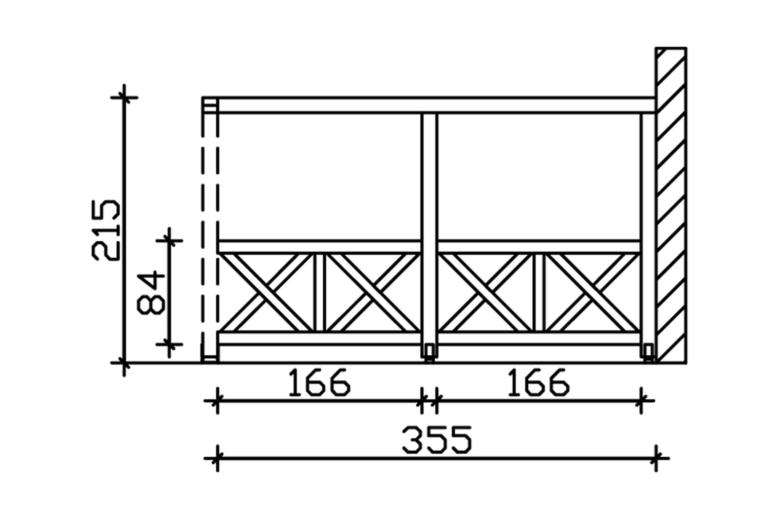 Seitenwand Andreaskreuz (WA) 355 x 210 cm, Fichte, eiche hell