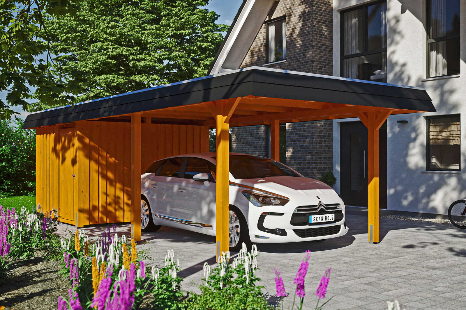 Carport Wendland, zwarte plaat met leisteenuiterlijk 362 x 870 cm, met bergruimte, gelakt in licht eiken, met dakbetimmering en EPDM-folie