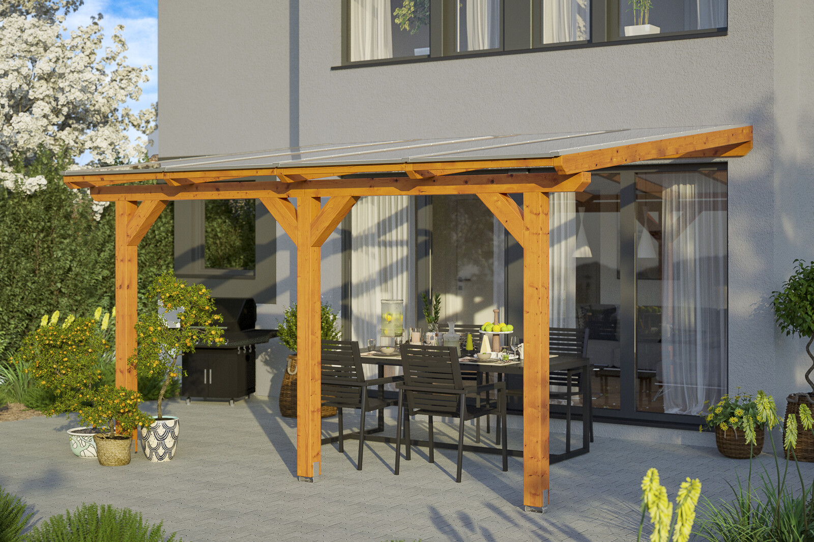 Terrassenüberdachung Bormio 434 x 350 cm, Leimholz, eiche hell