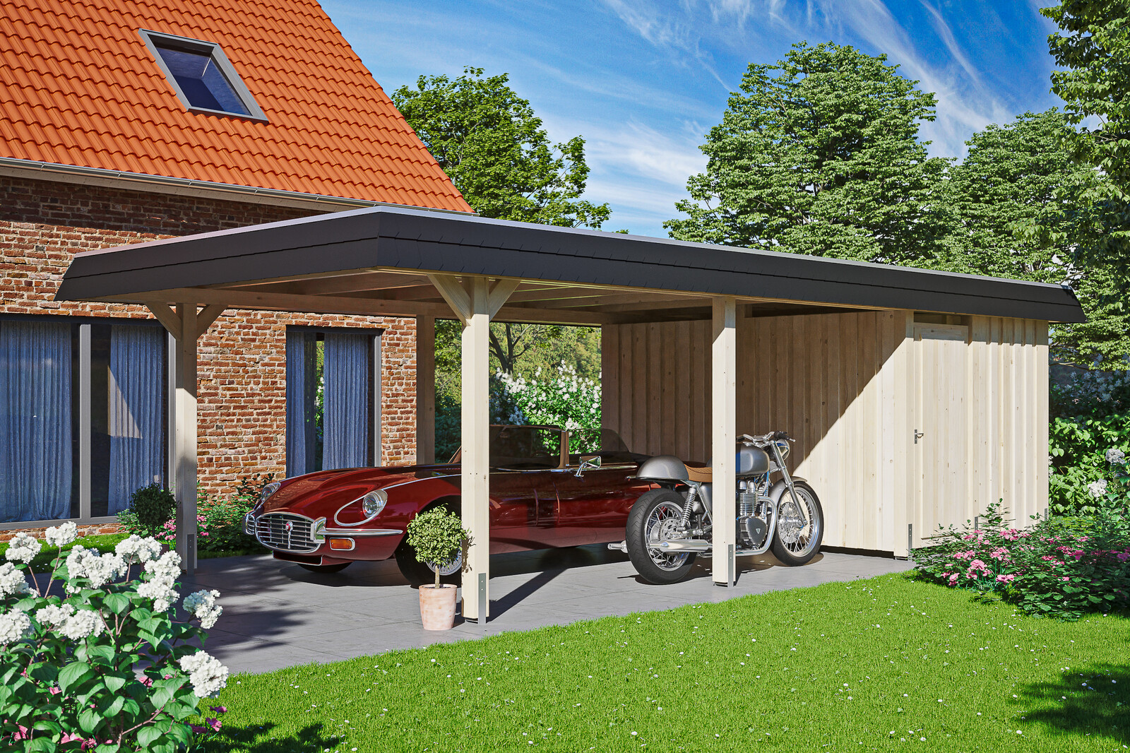 Carport Wendland, zwarte plaat met leisteenuiterlijk 409 x 870 cm, met bergruimte, onbehandeld, met dakbetimmering en EPDM-folie