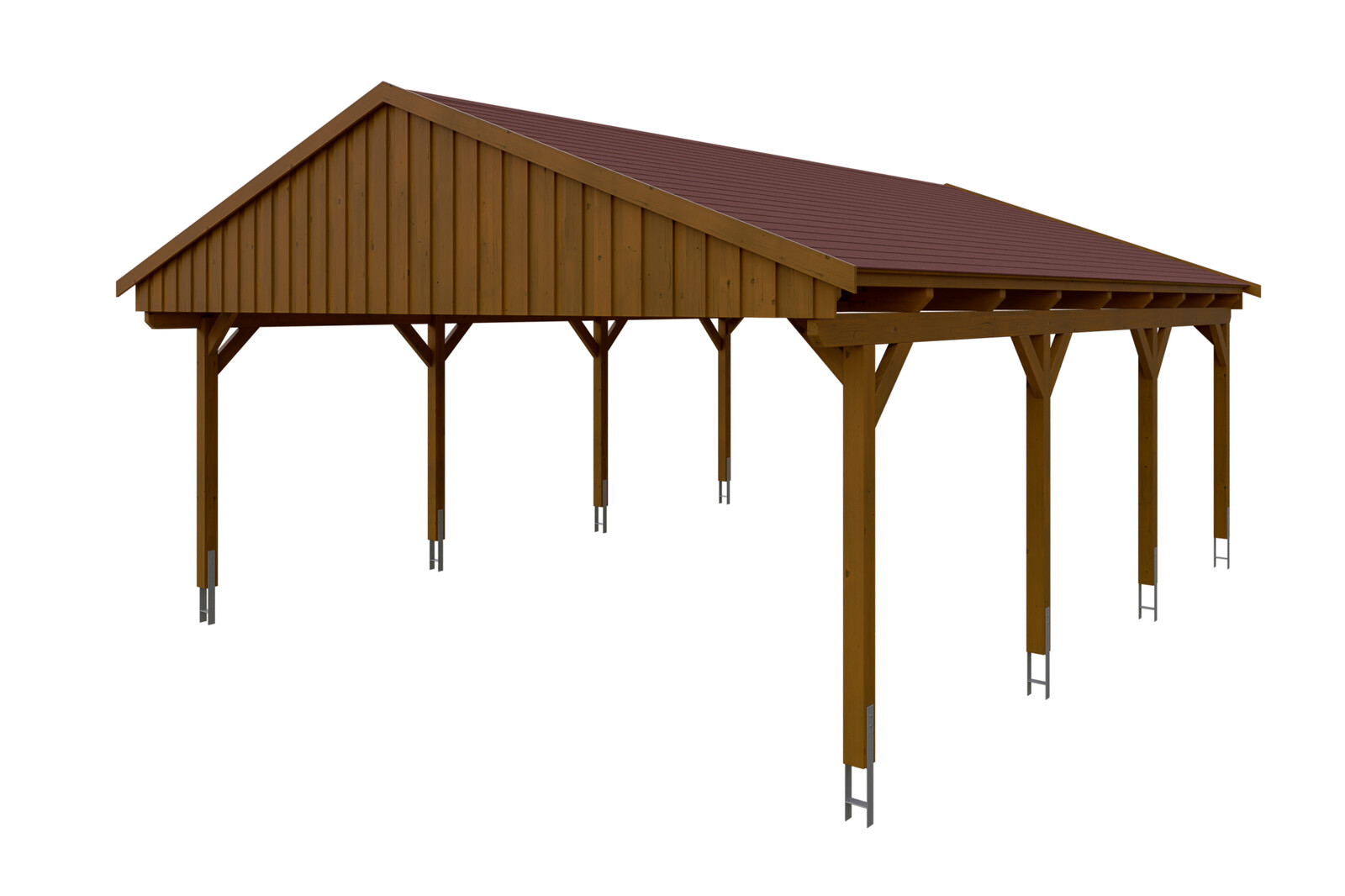 Carport Fichtelberg 618 x 808 cm, rote Schindeln, nussbaum