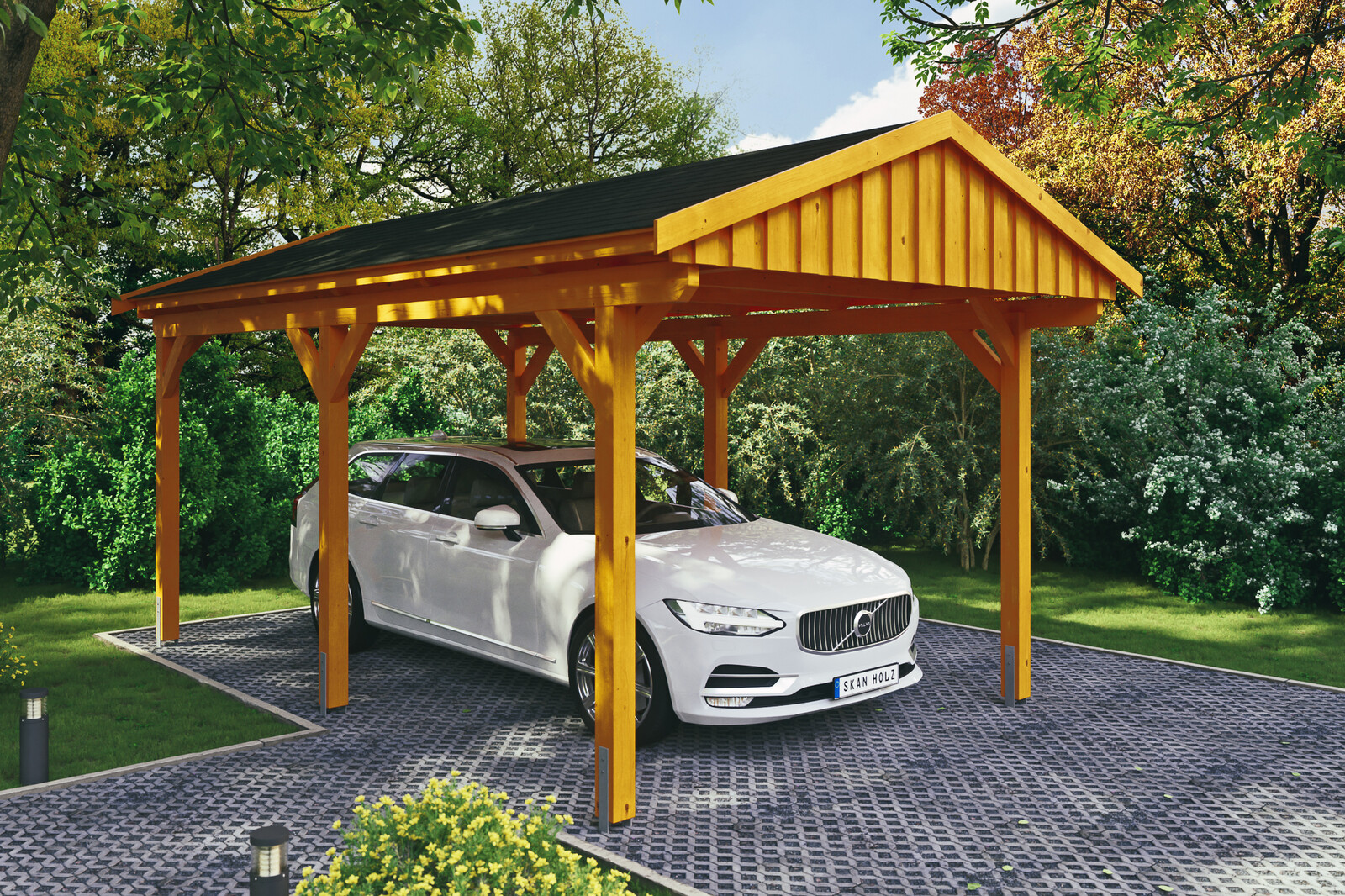 Carport Fichtelberg 317 x 566 cm, schwarze Schindeln, eiche hell