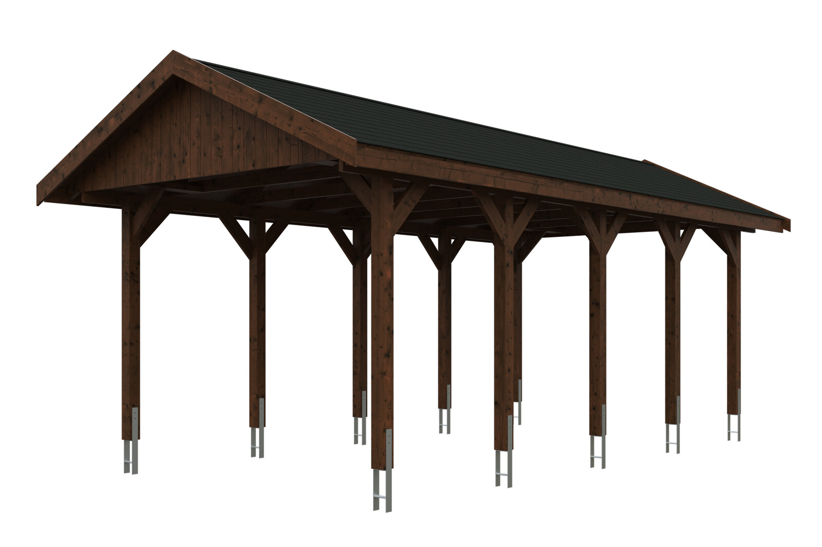 Carport Wallgau 380 x 750 cm, colour pre-treated walnut, black shingles