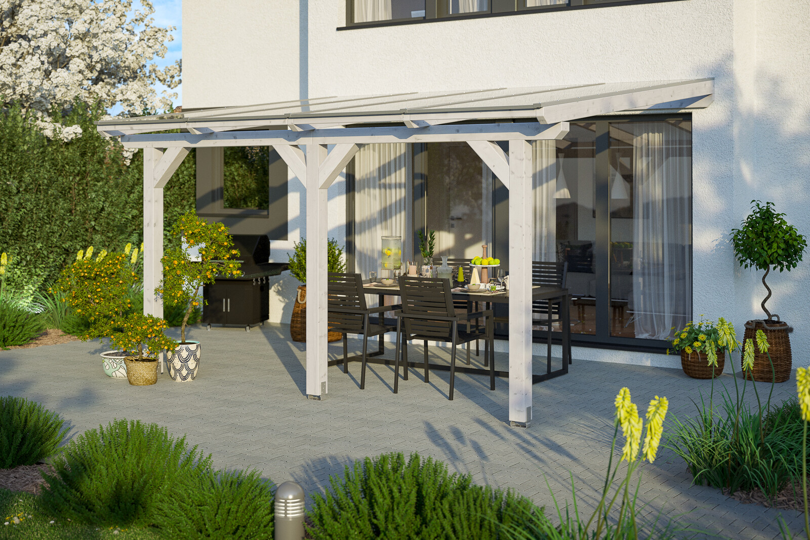 Terrassenüberdachung Andria 434 x 250 cm, Leimholz, weiß