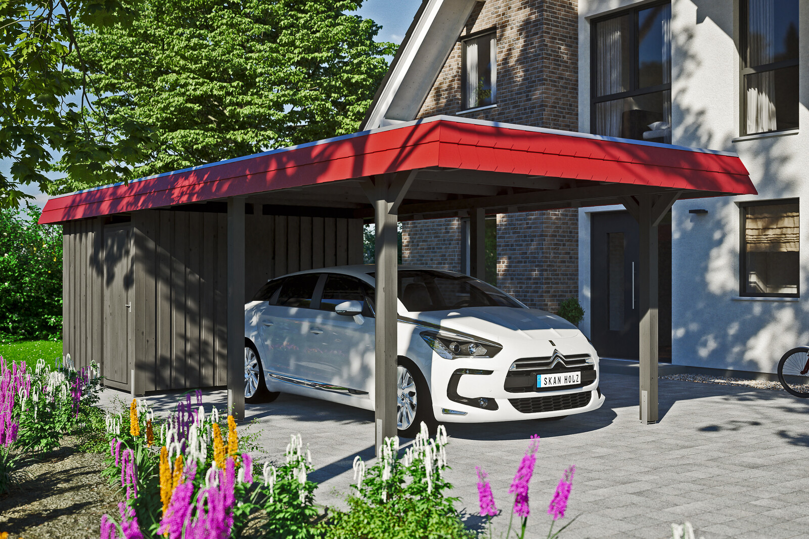 Carport Wendland, rode plaat met leisteenuiterlijk 362 x 870 cm, met bergruimte, gelakt in leigrijs, met dakbetimmering en EPDM-folie