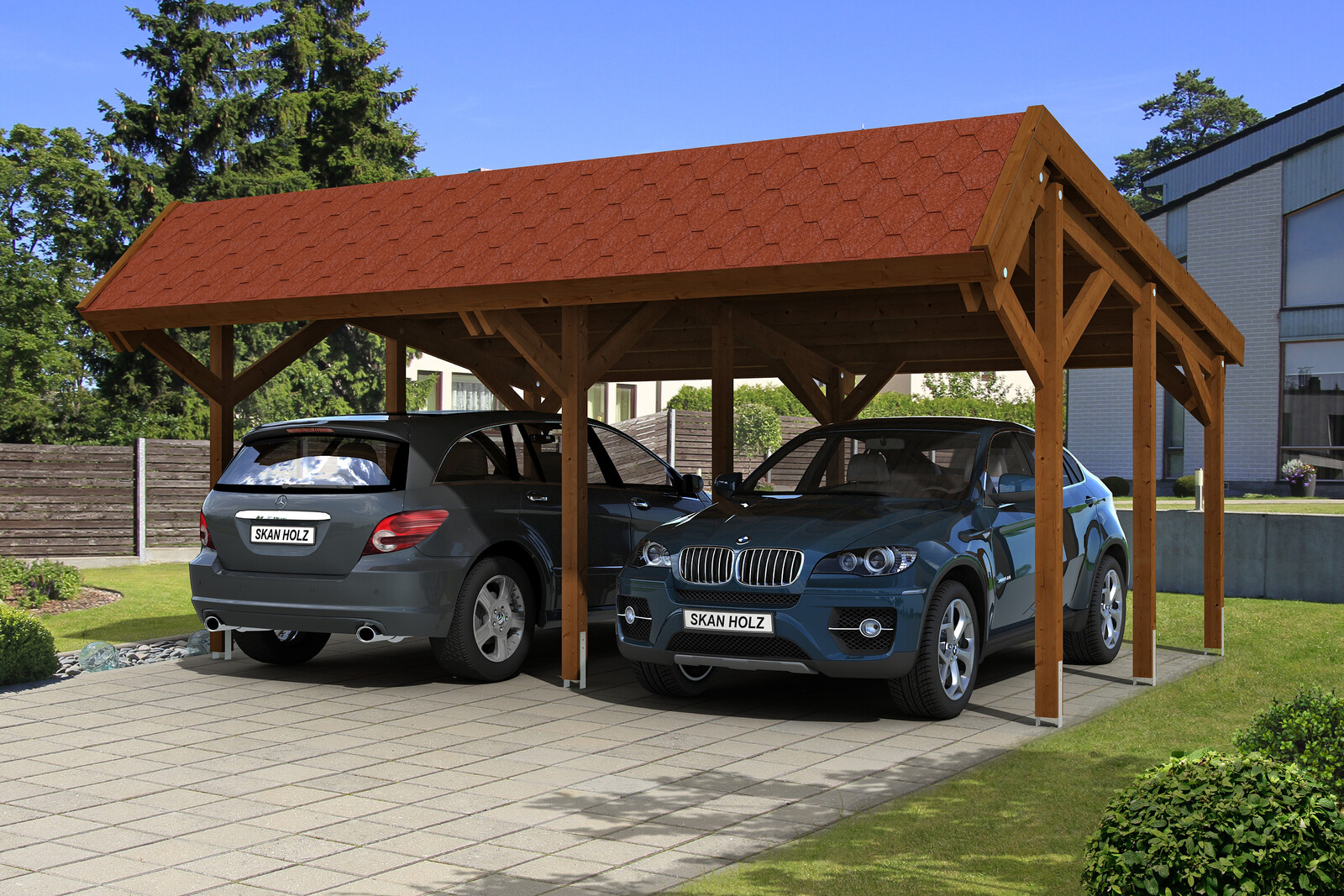 Carport Harz 624 x 560 cm mit roten Schindeln, nussbaum