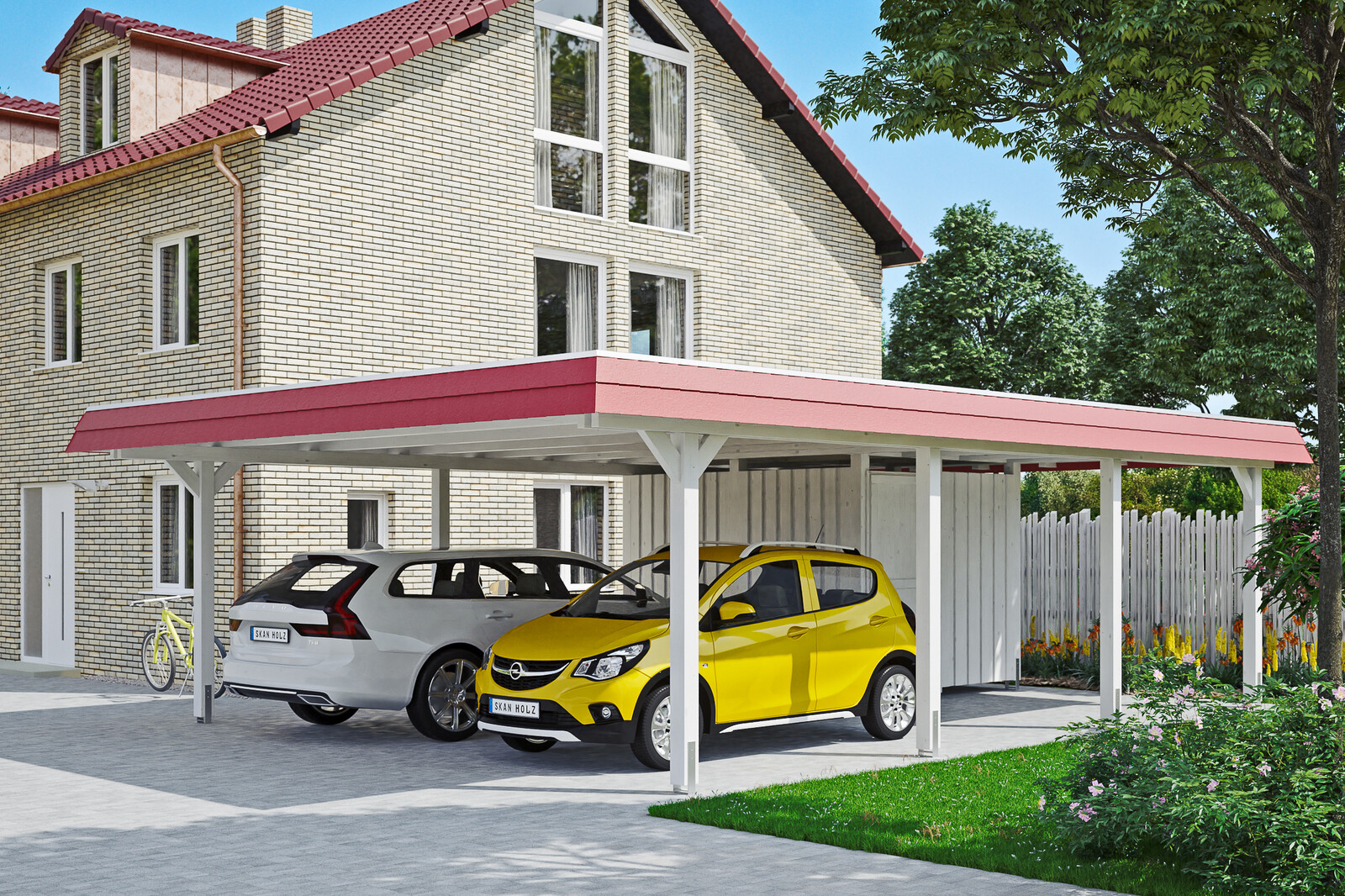 Carport Wendland, rode plaat met leisteenuiterlijk 630 x 879 cm, met bergruimte, gelakt in wit, met dakbetimmering en EPDM-folie