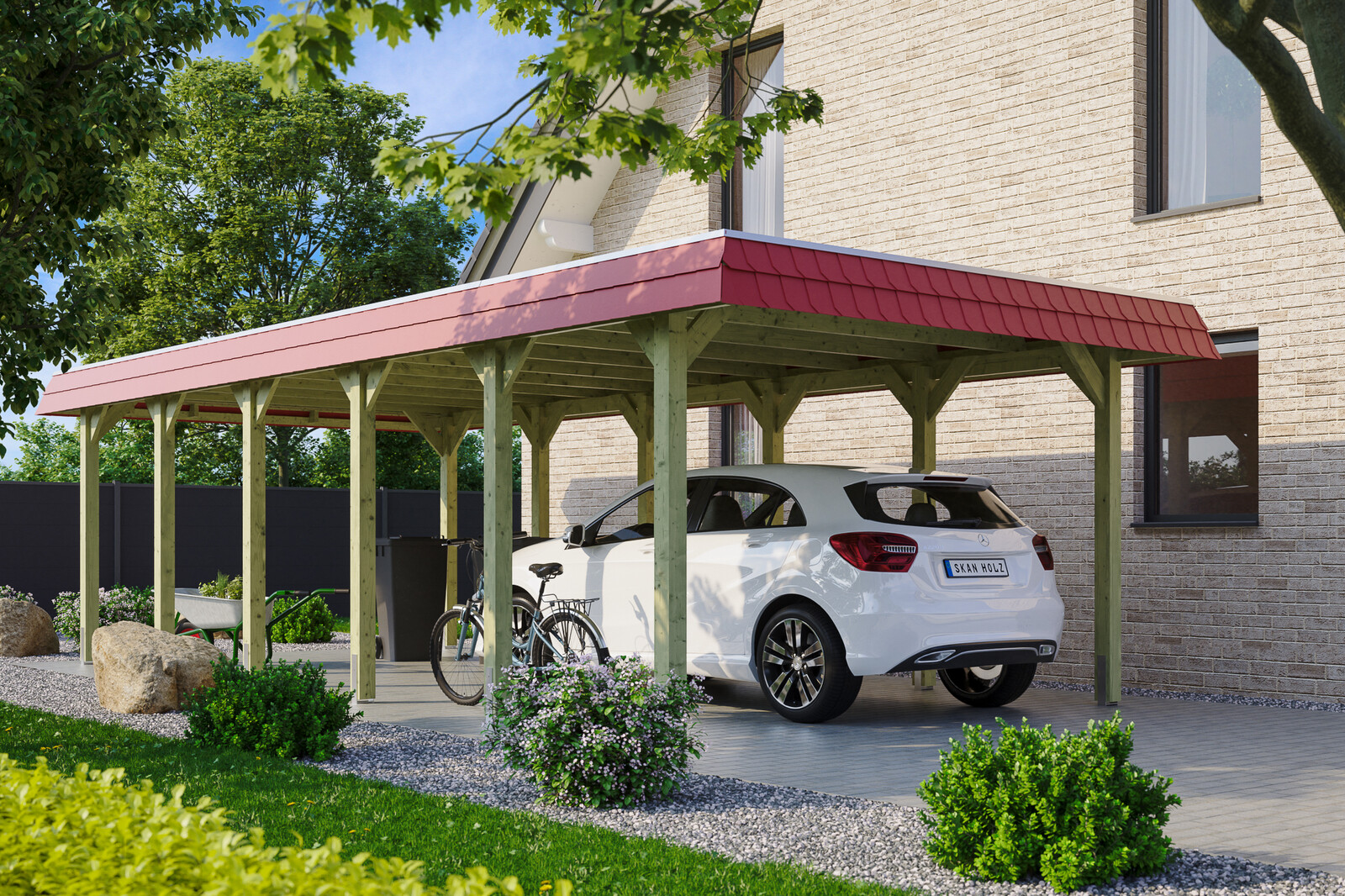 Carport Spreewald 396 x 893 cm mit EPDM-Dach, rote Blende
