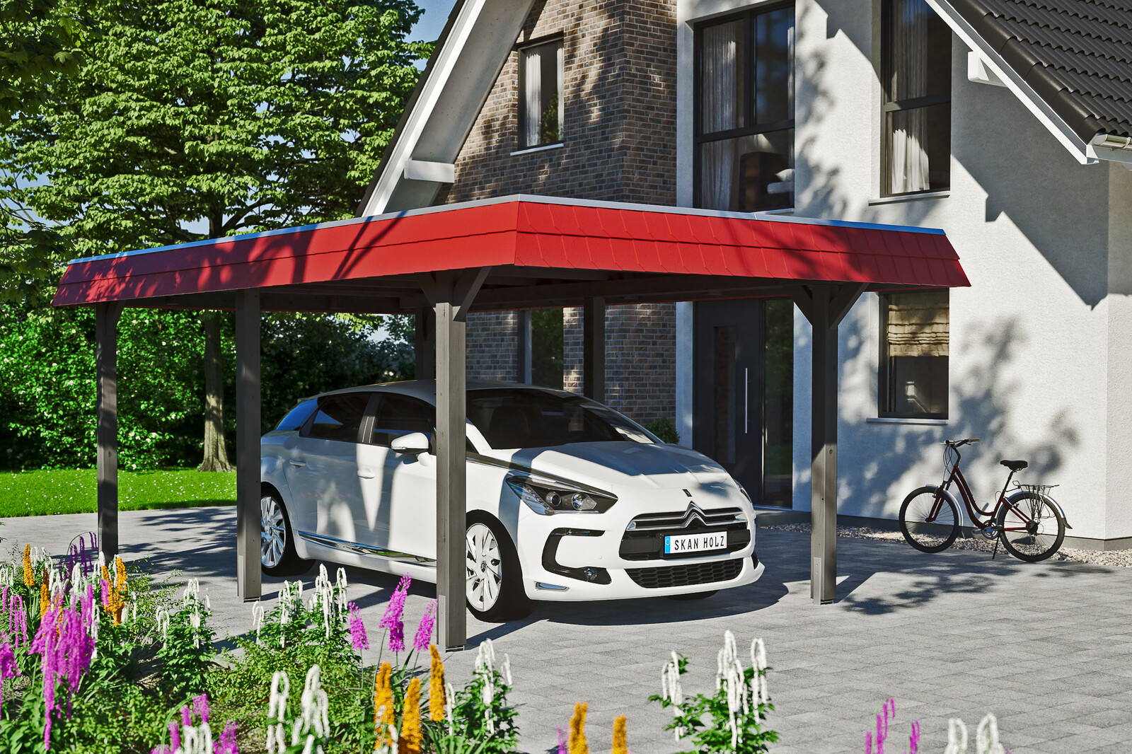 Carport Wendland, rode plaat met leisteenuiterlijk 362 x 628 cm, gelakt in leigrijs, met dakbetimmering en EPDM-folie