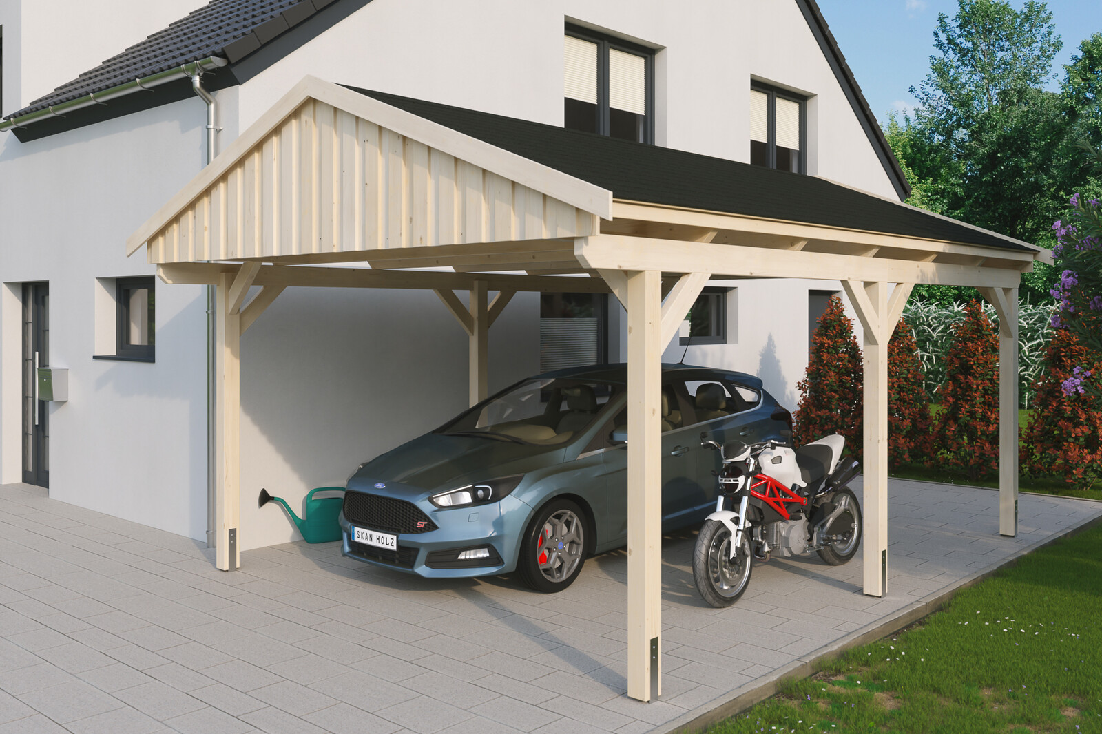 Carport Fichtelberg 423 x 566 cm, schwarze Schindeln, natur
