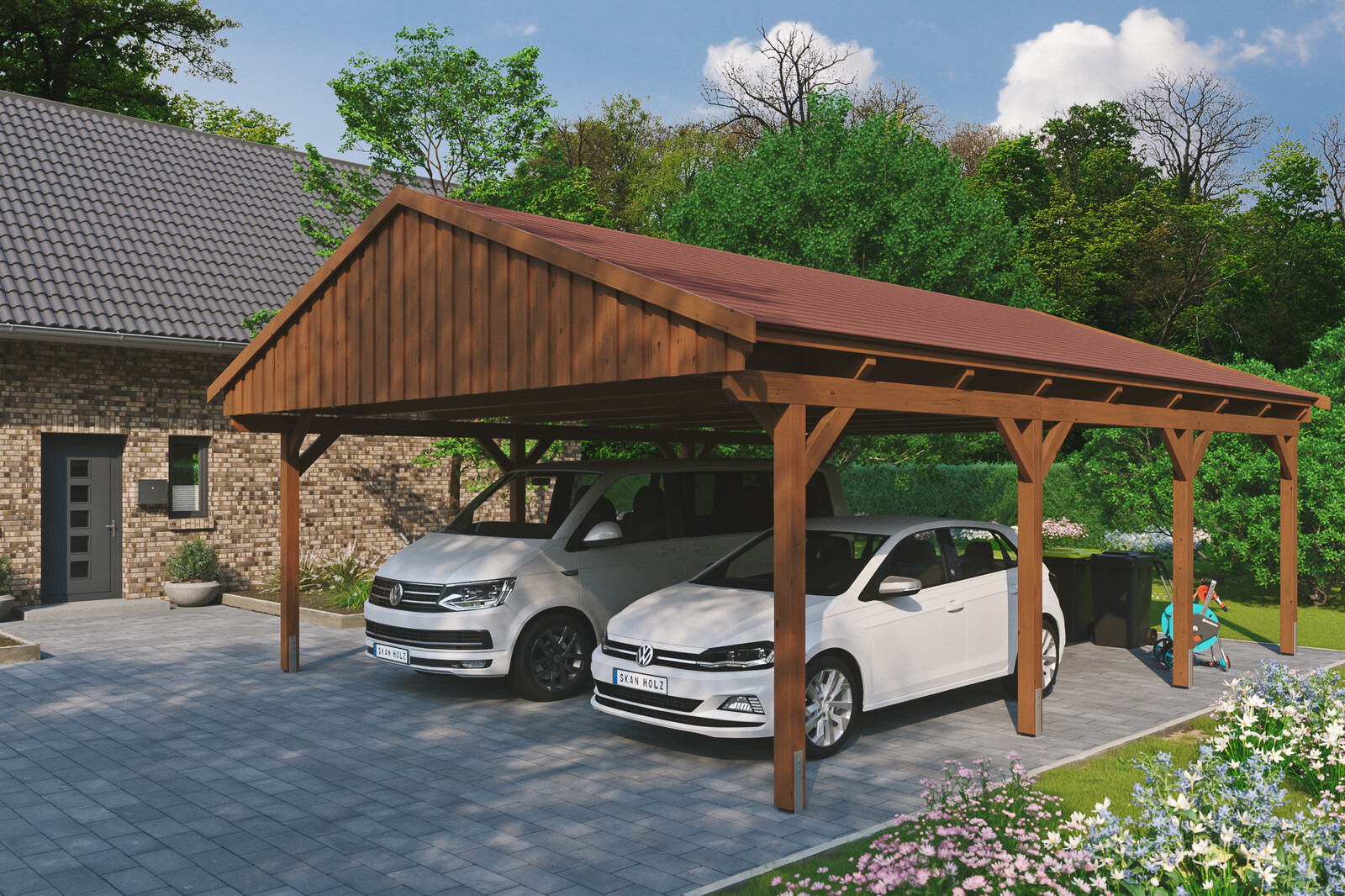 Carport Fichtelberg 618 x 808 cm, rote Schindeln, nussbaum