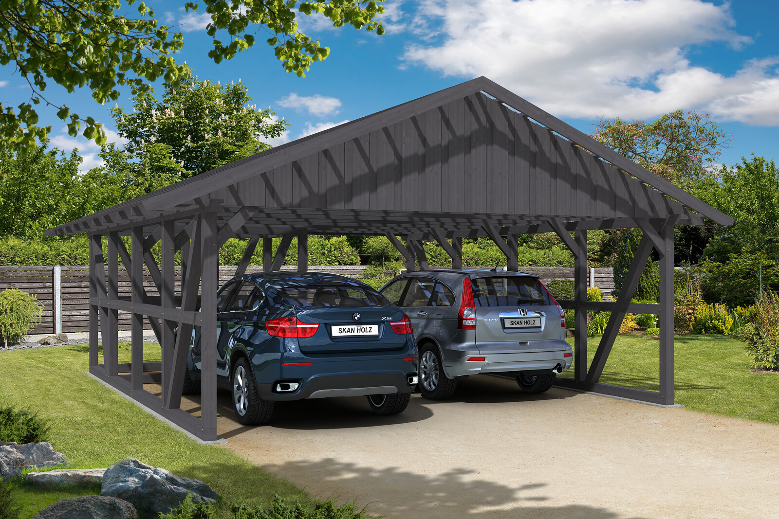 Carport Schwarzwald 684 x 772 cm mit Abstellraum 1, schiefergrau, mit Dachlattung