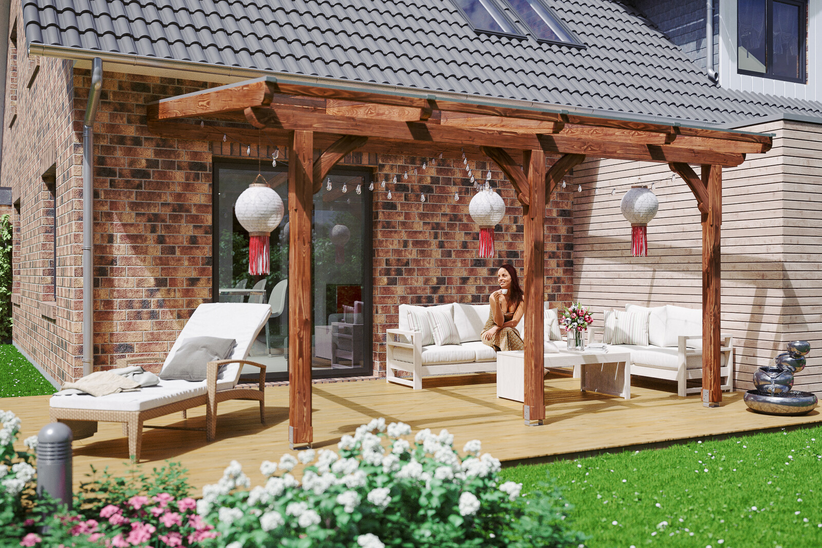 Terrassenüberdachung Rimini 434 x 300 cm, Douglasie, nussbaum