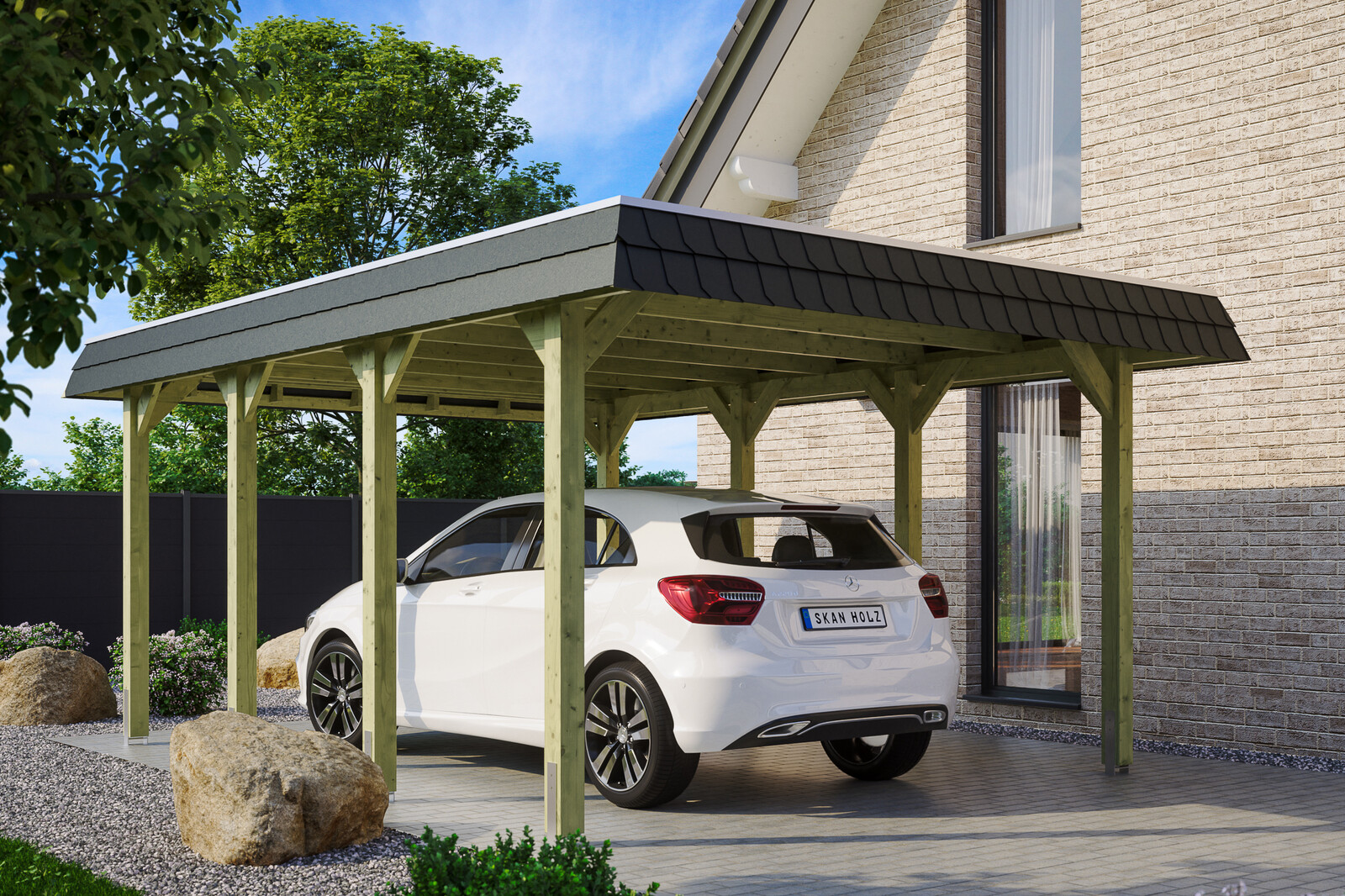 Carport Spreewald 396 x 589 cm mit Aluminiumdach, schwarze Blende