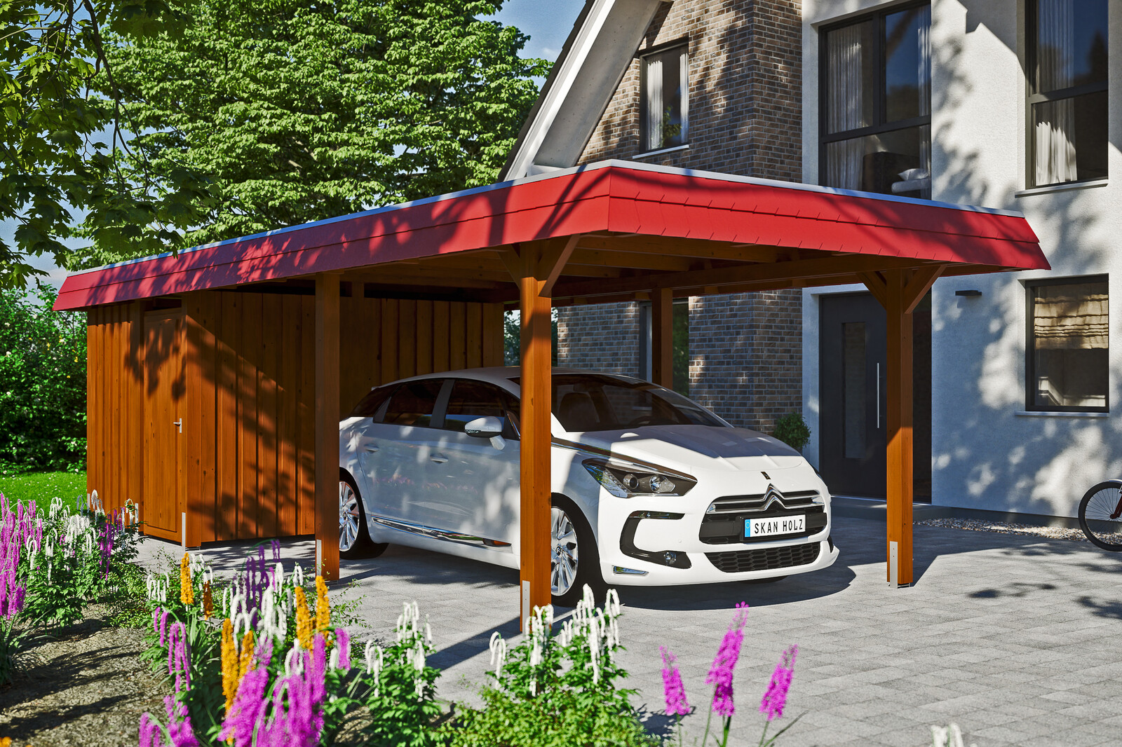 Carport Wendland, rode plaat met leisteenuiterlijk 362 x 870 cm, met bergruimte, gelakt in noten, met dakbetimmering en EPDM-folie
