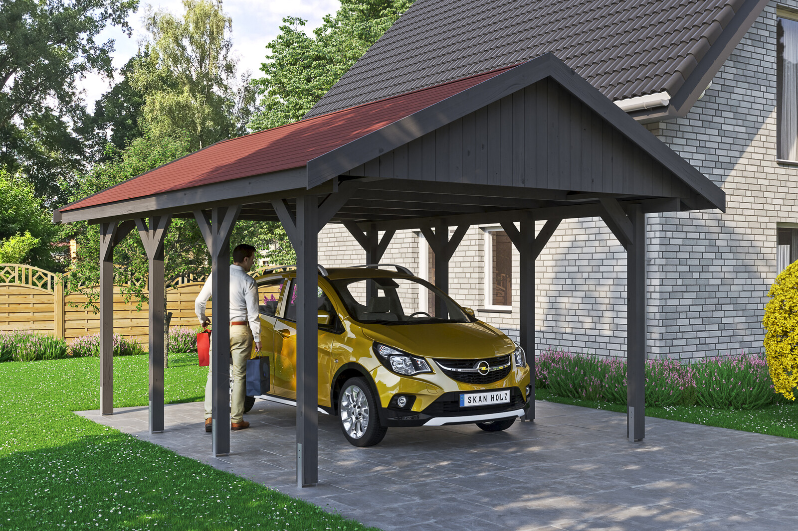 Přístřešek na auto WALLGAU 430 x 600 cm, šedá, červená šindele