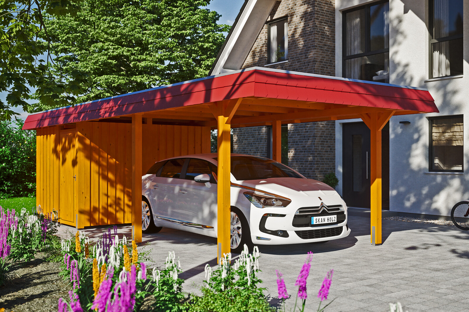 Carport Wendland, rode plaat met leisteenuiterlijk 362 x 870 cm, met bergruimte, gelakt in licht eiken, met dakbetimmering en EPDM-folie