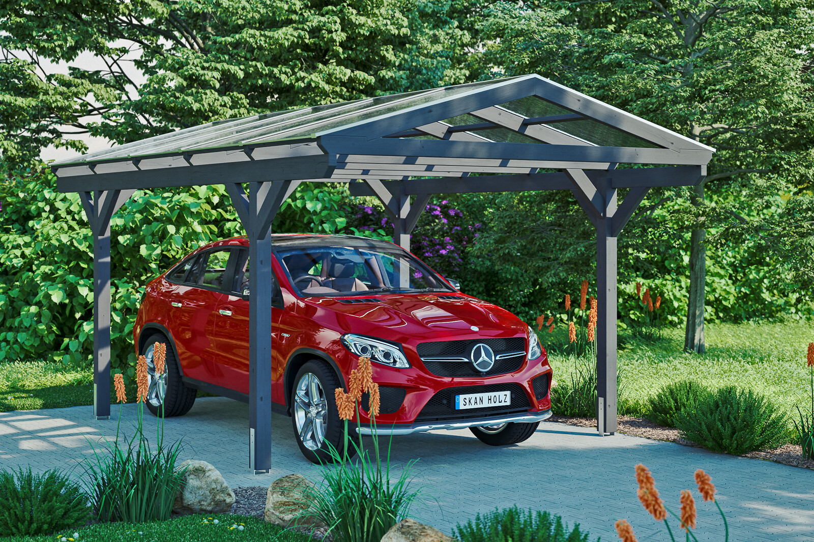 Carport Westerwald 362 x 541 cm, gelakt in leigrijs, met polycarbonaatplaten