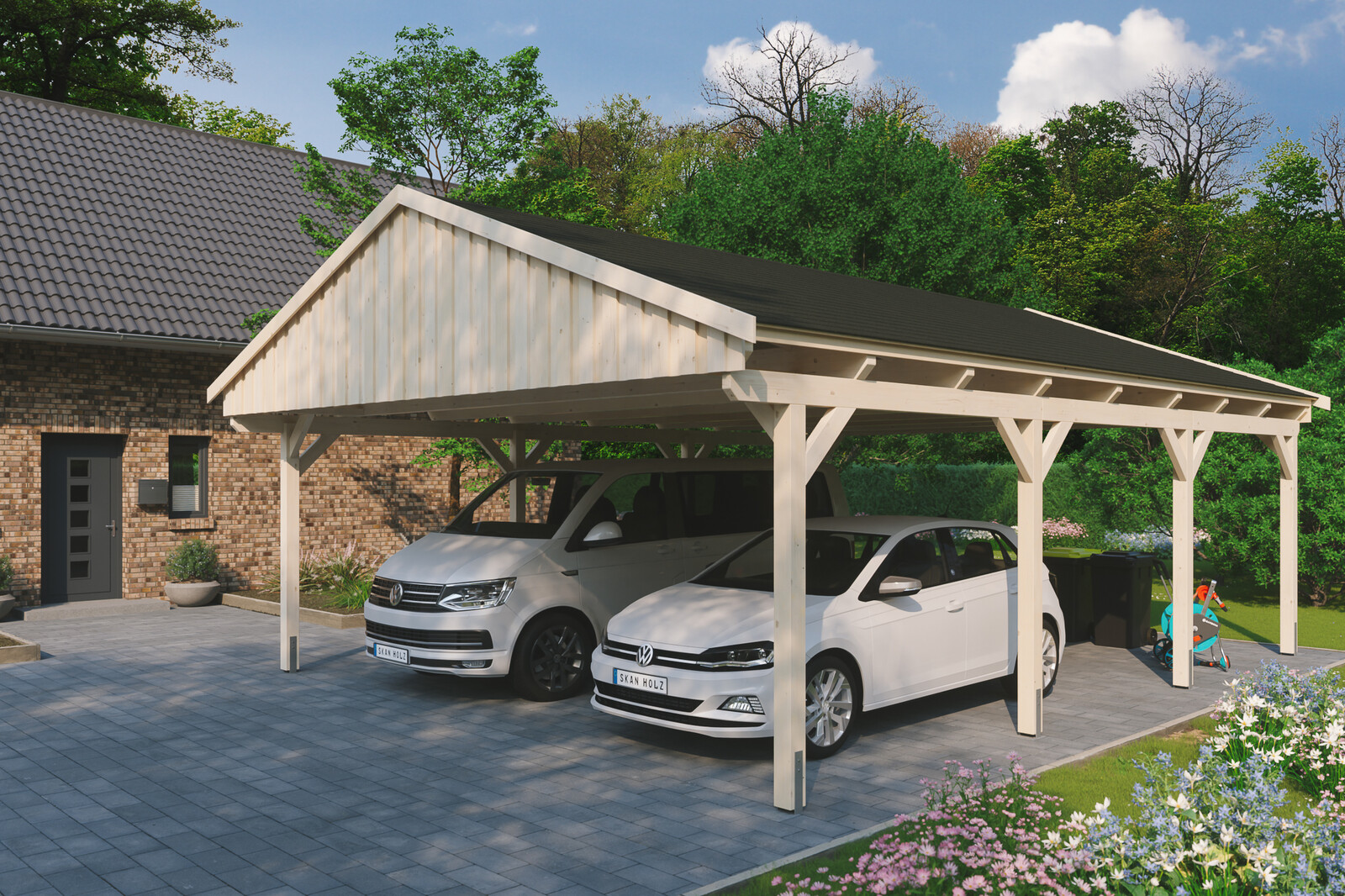 Carport Fichtelberg 618 x 808 cm, schwarze Schindeln, natur